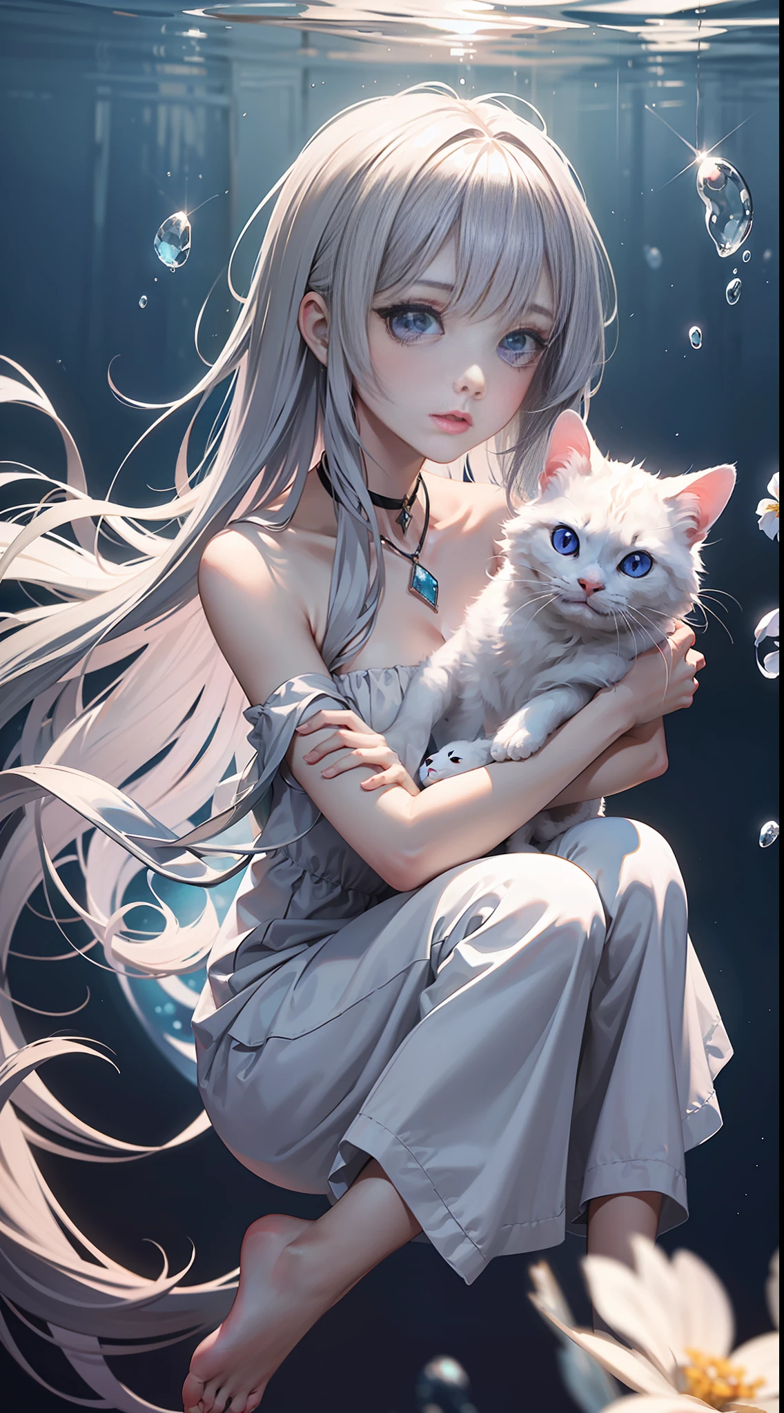 A representative photo of a Russian girl, ethereal beauty, dreamy, (delicate face: 1.2), gray hair, purple eyes, (crossed bangs: 1.1), (blooming eyes: 1.2). Deep sea, floating foam, melancholy expression, drooping eyelids, right light, holding a small white cat in his arms, full body photo