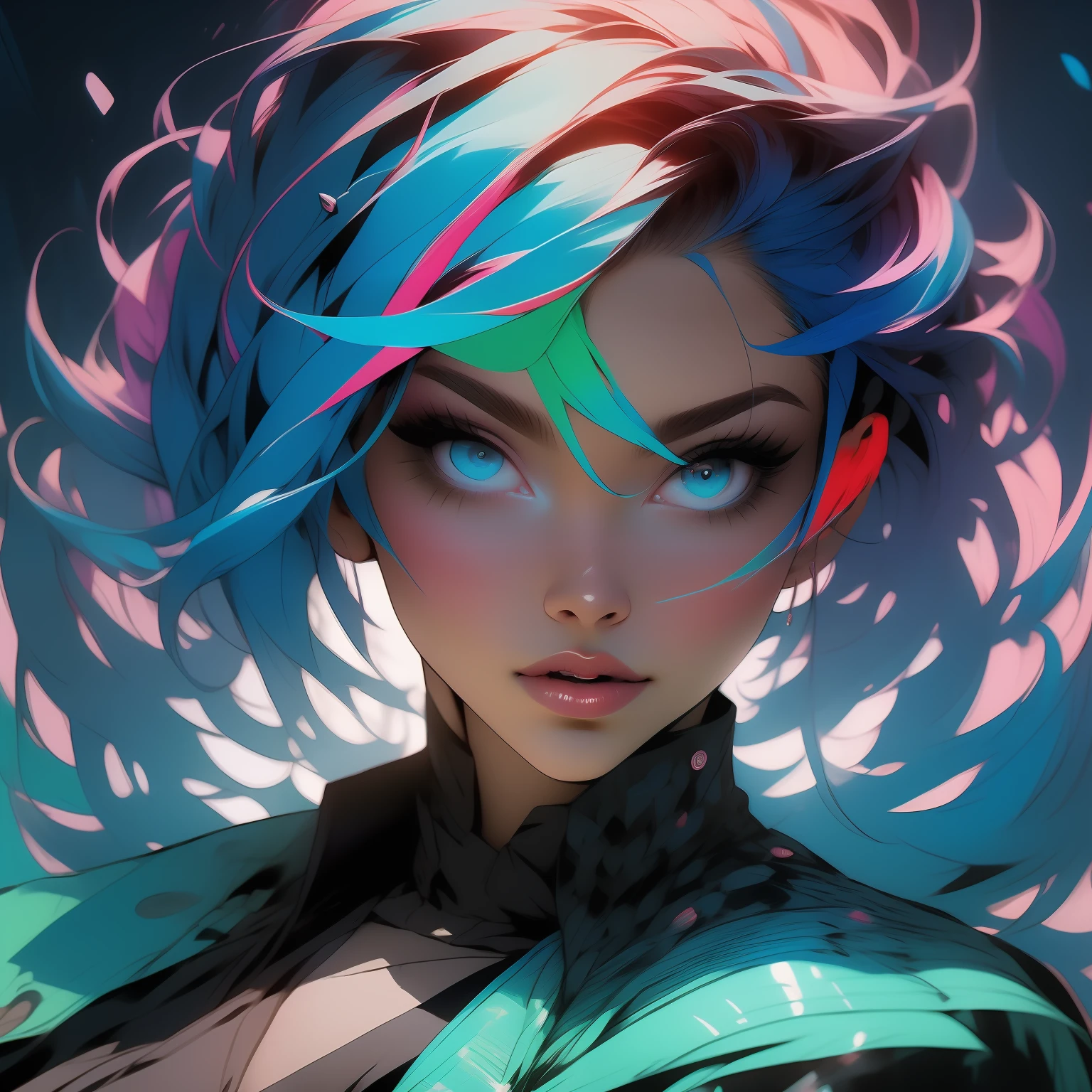 A vibrant portrait of a woman with colorful hair, styled in a slick undercut. The artwork captures her bold and expressive personality, with each strand of hair meticulously detailed. The playful use of bright and contrasting colors adds to the overall impact of the composition. (Inspired by: "a woman with blue eyes and a black jacket, neofuturistic highly detailed, behance favorite, slick undercut multicolored hair")
