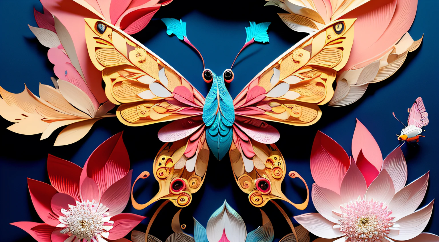 realistic, (best quality, masterpiece:1.3),illustration,big butterfly in the center , floating in dalias, cloudy sky, paper_cut, pattern, pink colors background