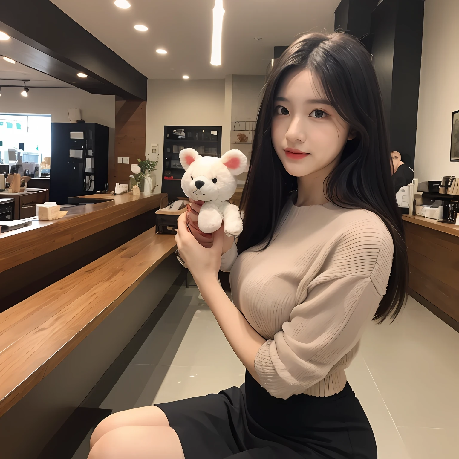 Holding a stuffed animal in hand, sitting in a coffee shop, ((best quality, 8k, masterpiece: 1.3)), focus: 1.2, perfect body beauty: 1.4, buttocks: 1.2, (layered haircut: 1.2), (dark street: 1.3), (highly detailed face and skin texture: 1.3), full body, fine eyes, double eyelids, whitened skin, (black straight hair, long hair: 1.2), (short skirt: 1.6), medium breasts