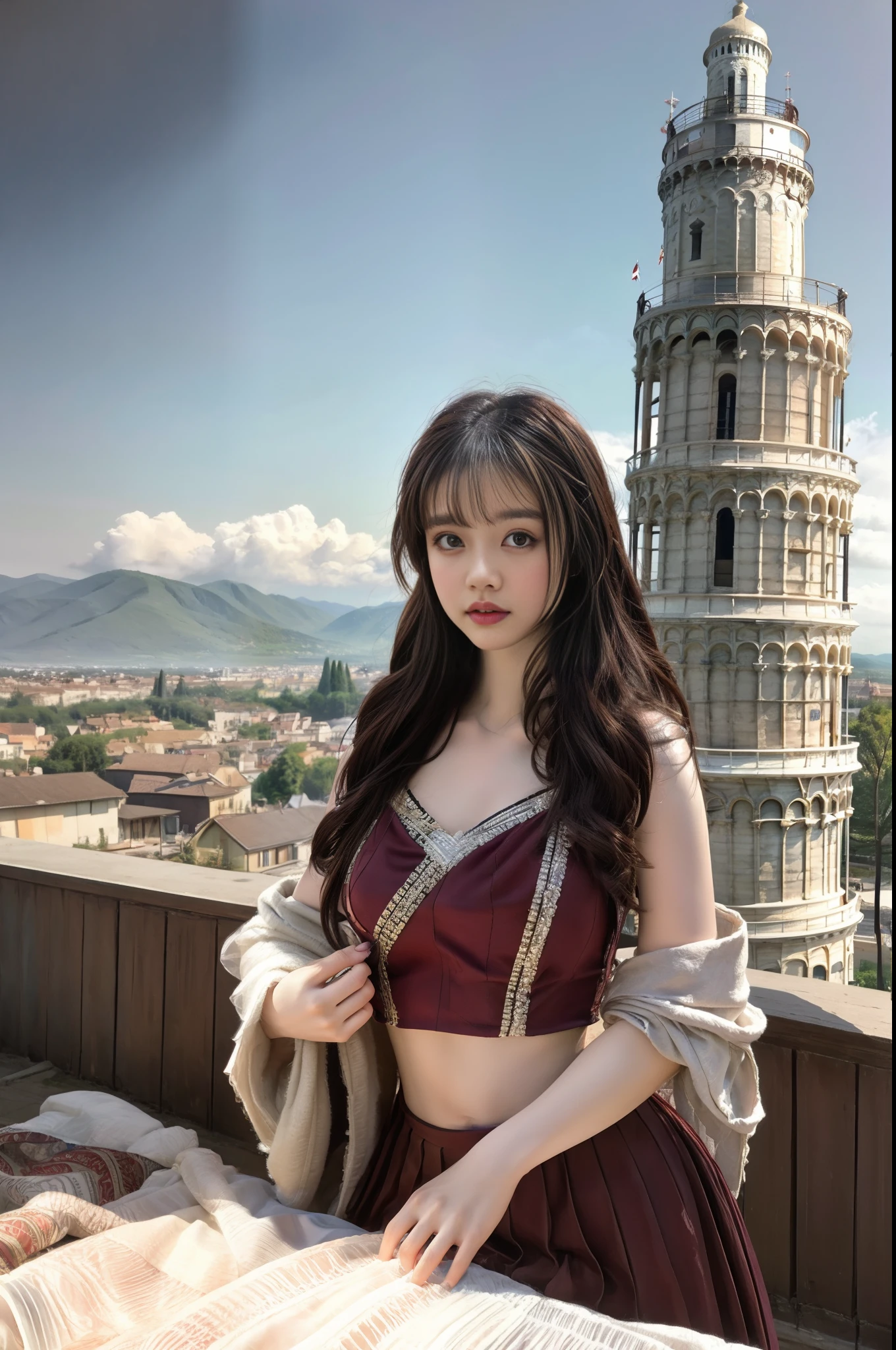 modelshoot style, (extremely detailed CG unity 8k wallpaper),full shot body photo of the most beautiful artwork in the world, stunningly beautiful photo realistic cute women intricately detailed costume, navel,princess eyes,(Leaning Tower Of Pisa background), professional majestic oil painting by Ed Blinkey, Atey Ghailan, Studio Ghibli, by Jeremy Mann, Greg Manchess, Antonio Moro, trending on ArtStation, trending on CGSociety, Intricate, High Detail, Sharp focus, dramatic, photorealistic painting art by midjourney and greg rutkowski