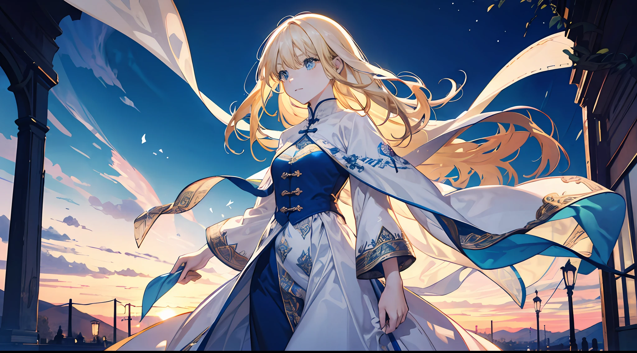 A little girl, beautiful, otherworldly, elegant, full body, long blonde hair, simple dress, white and blue long dress, castle, (Western-style medieval town), cold, extreme details, crowd onlookers, daytime, warm colors