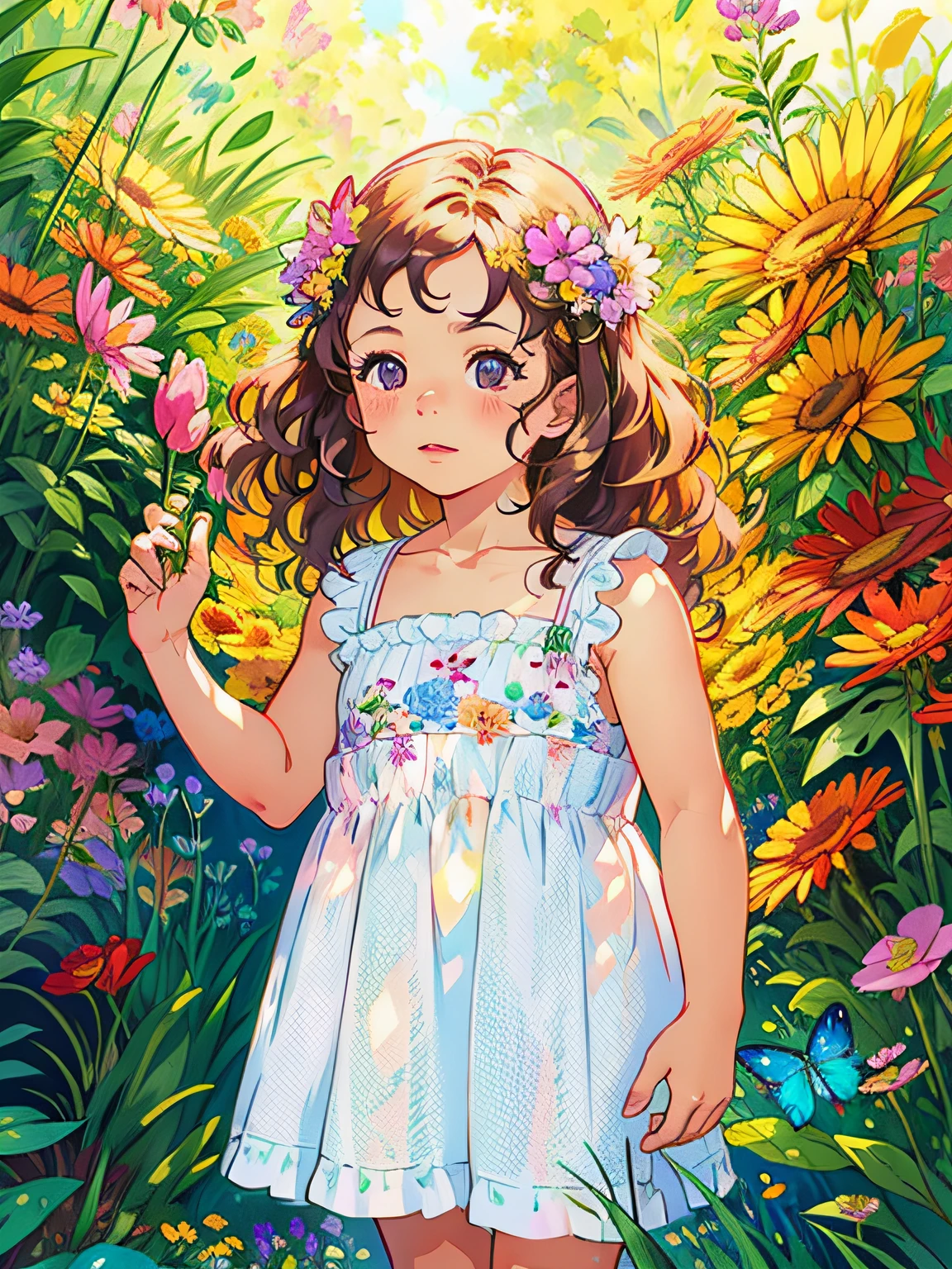 HD, (Best Detail) (Best Quality), (Illustration), (((Flowers))), ((Hair Decorating Flowers)))), (Surrounded by Flowers))), Garden, Flowers and Plant Background, Butterfly, Arafeld Little Girl with Curly Hair Standing in front of bushes