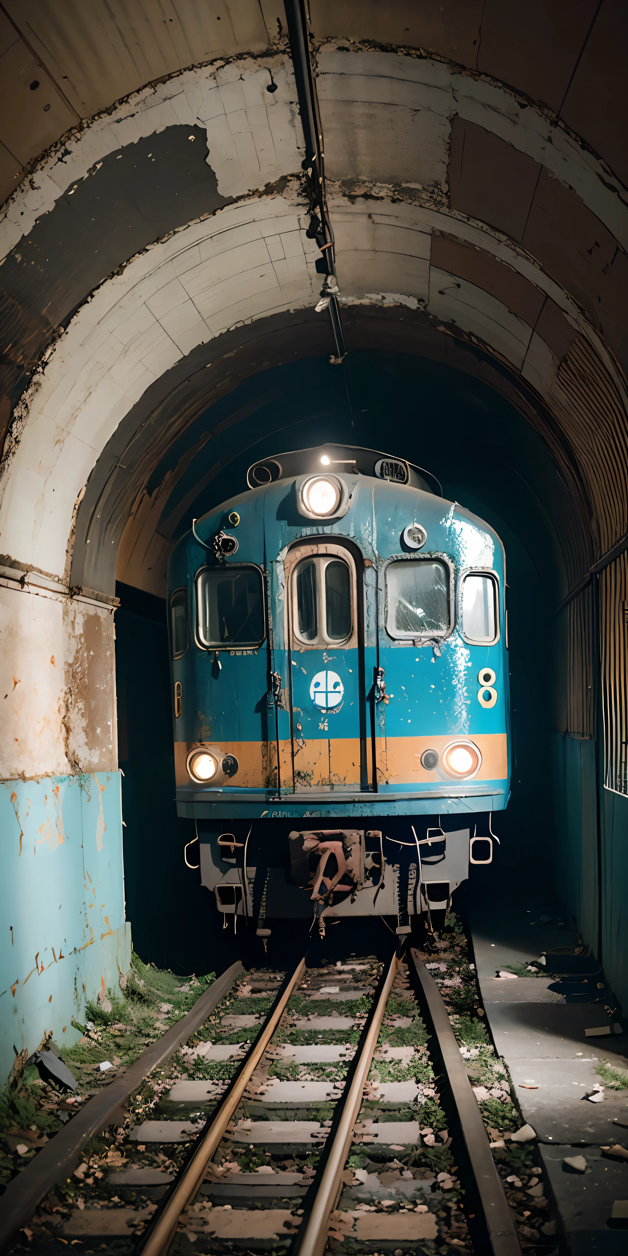 Photography of an abandoned and neglected train in an old abandoned subway, In the style of Felicia Simion and Peter lik