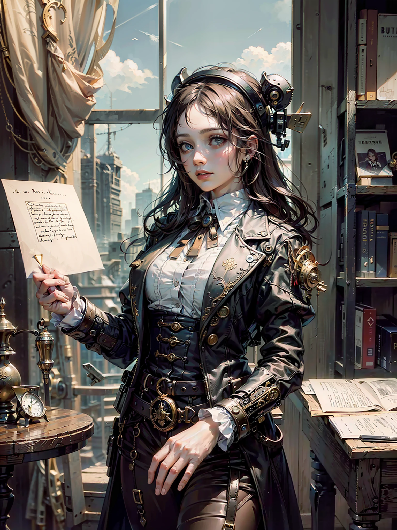 (masterpiece, top quality, best quality, official art, beautiful and aesthetic:1.2), (1girl:1.3), extreme detailed,(Steampunk:1.2),colorful,highest detailed, post office, writing letter