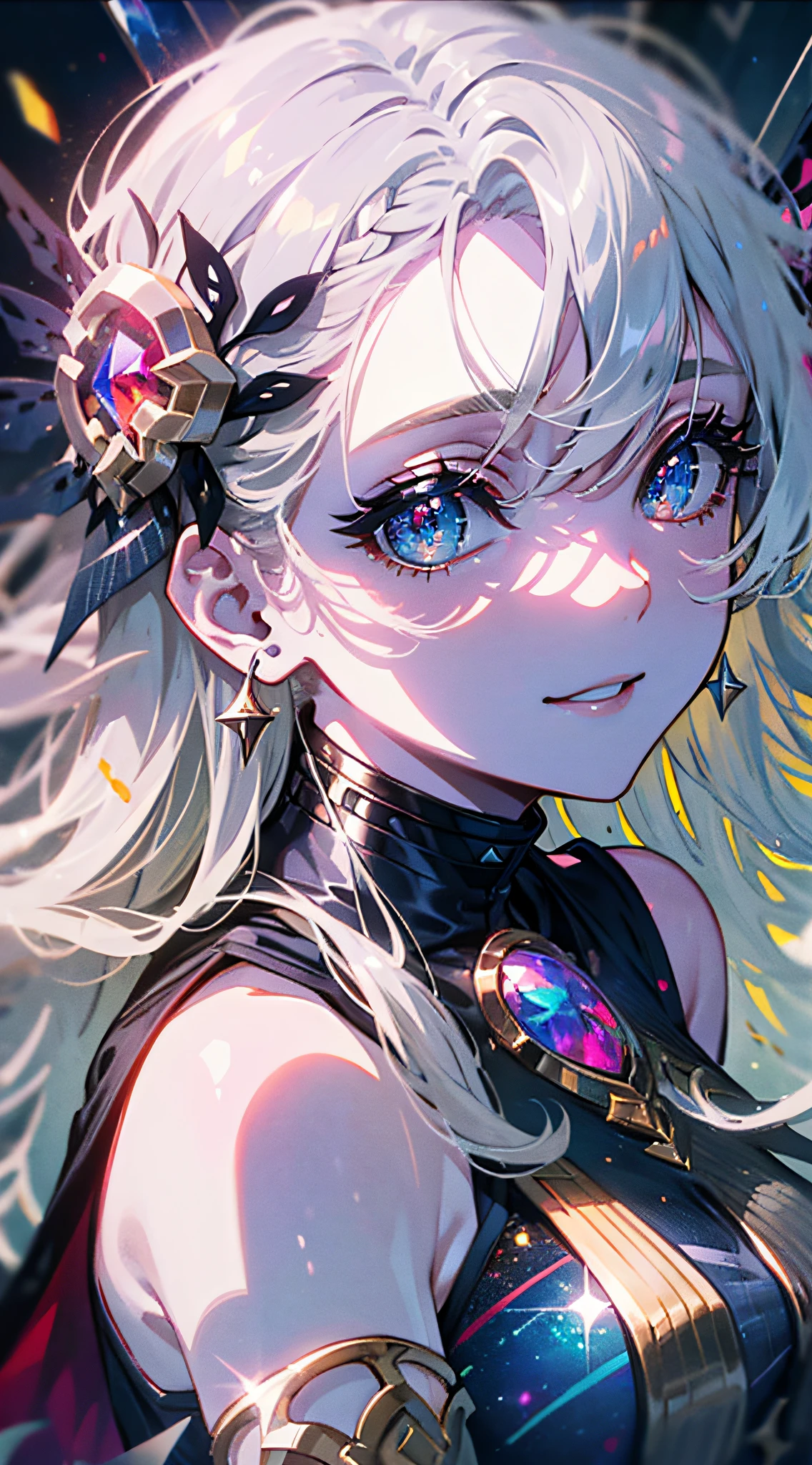 (Simple hand: 0.5) + (Detailed hand: 0.7), (Masterpiece), (Best quality), White hair, red eyes, 1 girl, pale skin, white hair, red eyes, bicolor hair, eyelashes, bracelets, jewelry, smile, sparkling skin, shiny hair, detailed and majestic stage, fantasy, long hair, 1 girl, bicolor hair, night sky, incredibly detailed CG illustration masterpiece looking at you, anime, beautiful anime eyes, beautiful detailed eyes, eyes, sparkling eyes, Different colored eyes, red eyes, blue eyes, galaxies, nebulae, (whole body), (curves),