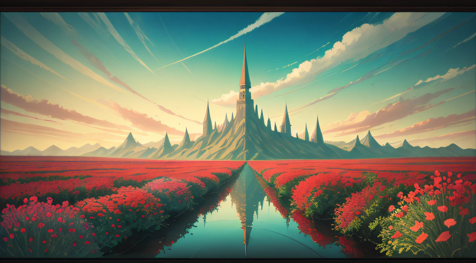 I can't remember the feeling of the beginning
The landscape painting depicted is a devil that deceives angels
Eventually, even the hot heartbeat and lies will end
Counting on my fingers, the last time of freedom
Baring my teeth and howling, just flowing people
The abyss reflected in the water surface
Because it sways and disappears with withered leaves
Because it fades in the waves
Is there a nostalgic memory at the destination led to?
The scars that can boast of time
Blossom vividly and unhealed in red
In the same time, blooming vividly,
abstract landscape,
(best quality:1.3), (highres:1),