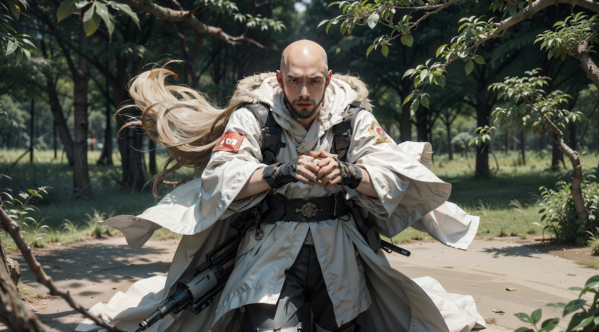 {{{Masterpiece}}}, {Very detailed CG Unity 8k wallpaper}, best quality, amazing, fine details, full body, vista, Saitama, Saitama in One Punch Man, ((bald head: 1.5)), ((young male)), (beard, Adam's apple), (boy: 1.2), handsome and resolute face, sharp eyes, ((ancient Chinese Hanfu, complex design, multiplication: 1.5)), ((white cloak: 1.5))), (mecha element, energy equipment), (( Red leather gloves, long, minimalist style, five fingers)), fighting stance, punch, fist wind, wind, dust, exploding vines, branch growth, fire ninja: wooden escape effect, thorns on branches, multiple windings, fallen leaves, complex background, forest, dark style, momentum, movie lens, film composition, ancient Chinese architecture, rich picture, one-third development, perfect composition, cinematic lighting, strong chiaroscuro, (characters on the right),