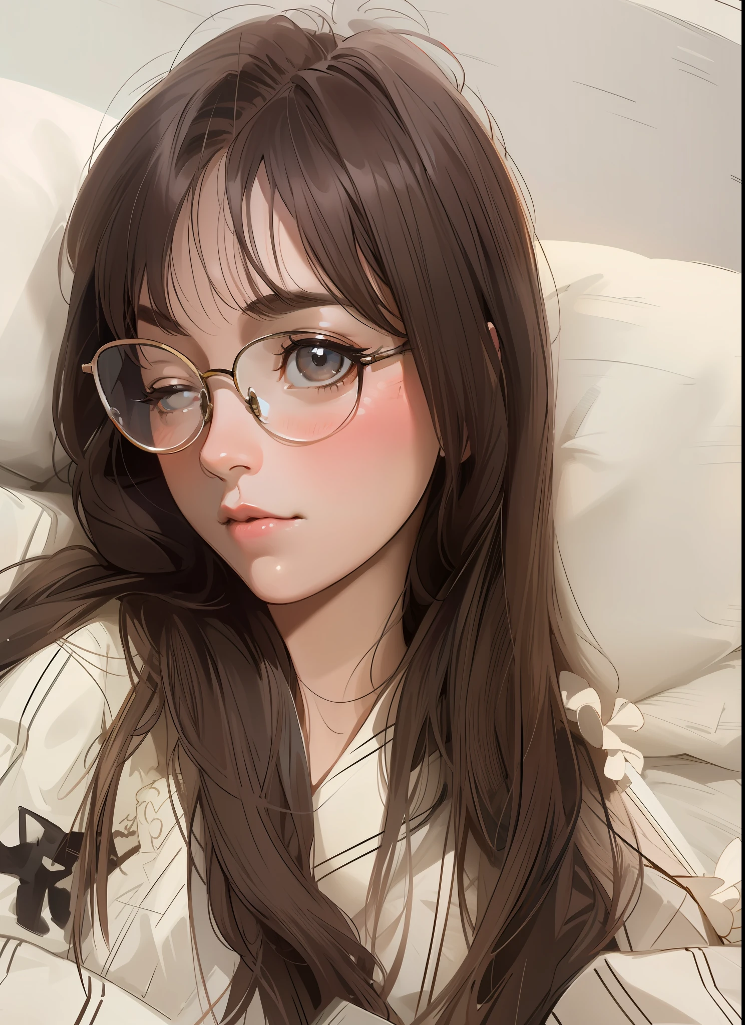 anime girl with glasses laying in bed with pillow and pillow, kawaii realistic portrait, artwork in the style of guweiz, realistic cute girl painting, guweiz, beautiful anime portrait, digital anime illustration, realistic anime artstyle, high quality portrait, anime realism style, portrait anime girl, detailed portrait of anime girl, painted in anime painter studio
