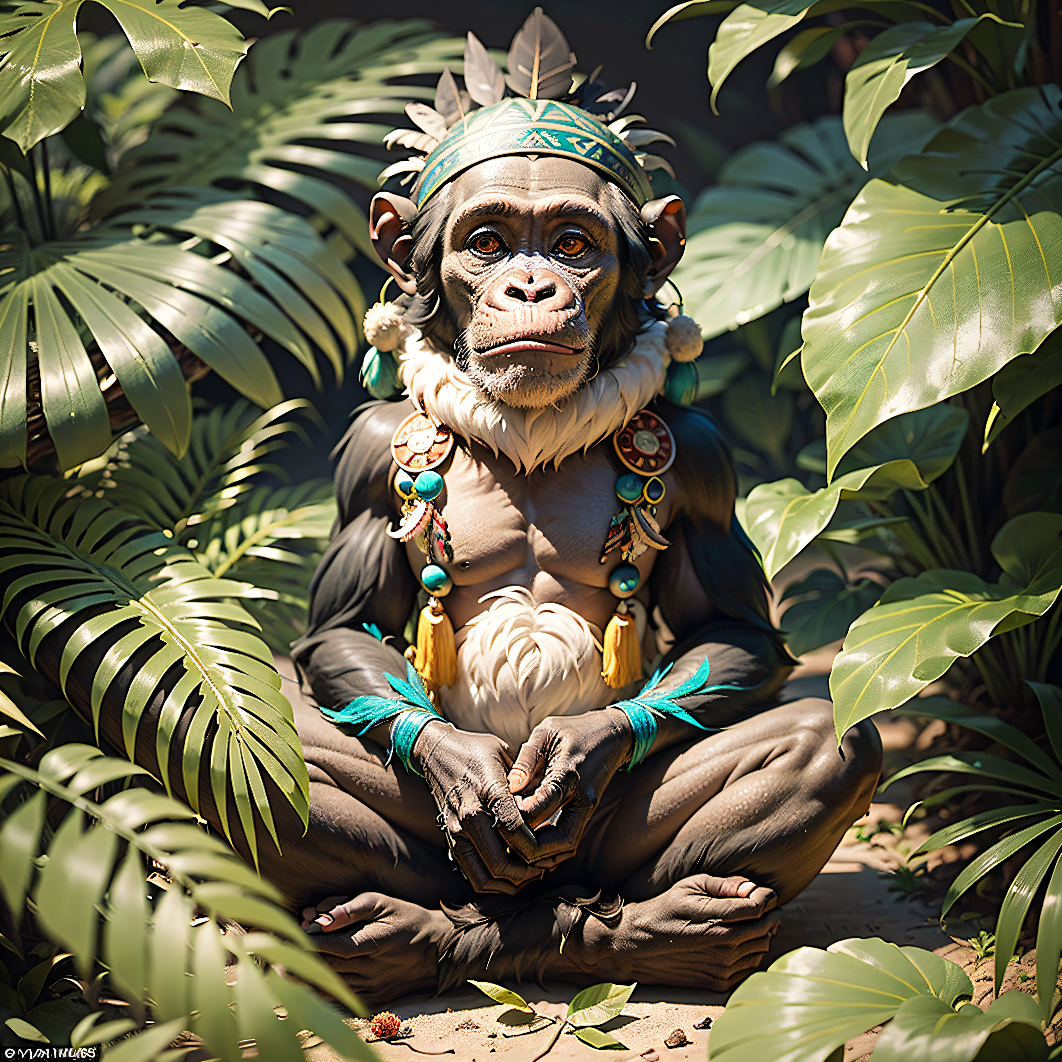 Chimpanzee with indigenous headdress on the head, ((meditating)) colorful feathers, facing the camera, detail: sitting in the middle of the dense tropical foliage, (((only the head)), highly detailed intricate, ((masterpiece)), ultra hyperrealistic, masterpiece