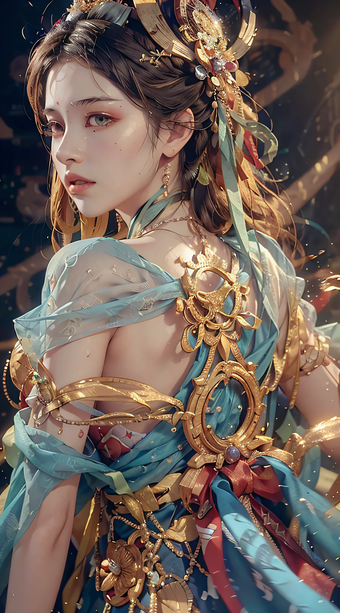 (RAW Photo, Best Quality), (Realistic, Photo Realistic: 1.3), Best Quality, Highly Detailed, Masterpiece, Hyper Detail, Illustration, 1 Girl, (looking_back), Dynamic Angle, World Masterpiece Theater, messy_long_hair, Best Quality, Extremely Detailed CG Uniform 8k Wallpaper, Ink, Amazing, Cinematic Lighting, lens_flare,dunhuang_style