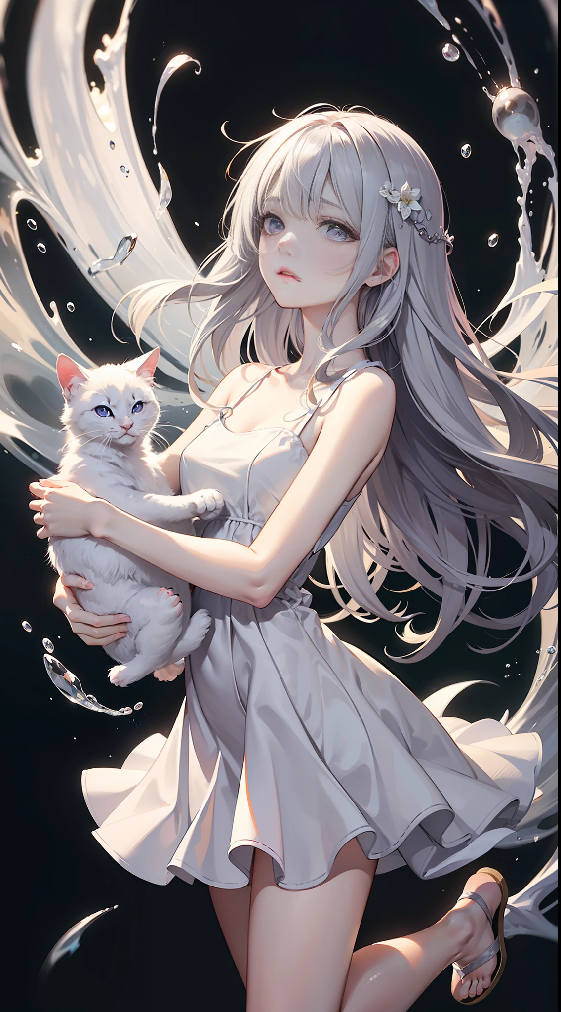 A representative photo of a Russian girl, ethereal beauty, dreamy, (delicate face: 1.2), gray hair, purple eyes, (crossed bangs: 1.1), (blooming eyes: 1.2). Deep sea, floating foam, melancholy expression, drooping eyelids, right light, holding a small white cat in his arms, full body photo