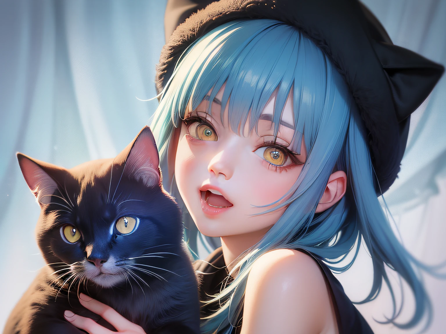 An anime girl with sky blue hair and Tiff's blue-green eyes with a surprised look on her face and a black cat hat, (1girl:0.992), (:d:0.583), (bangs:0.701), (blush:0.584), (Tiff blue-green eyes: 0.992), (looking at the audience: 0.711), (open mouth: 0.760), (sky blue hair: 0.917), (ribbon: 0.826), (short hair: 0.571), (smile: 0.855), (solo: 0.949), (teeth: 0.770), (upper body: 0.760)