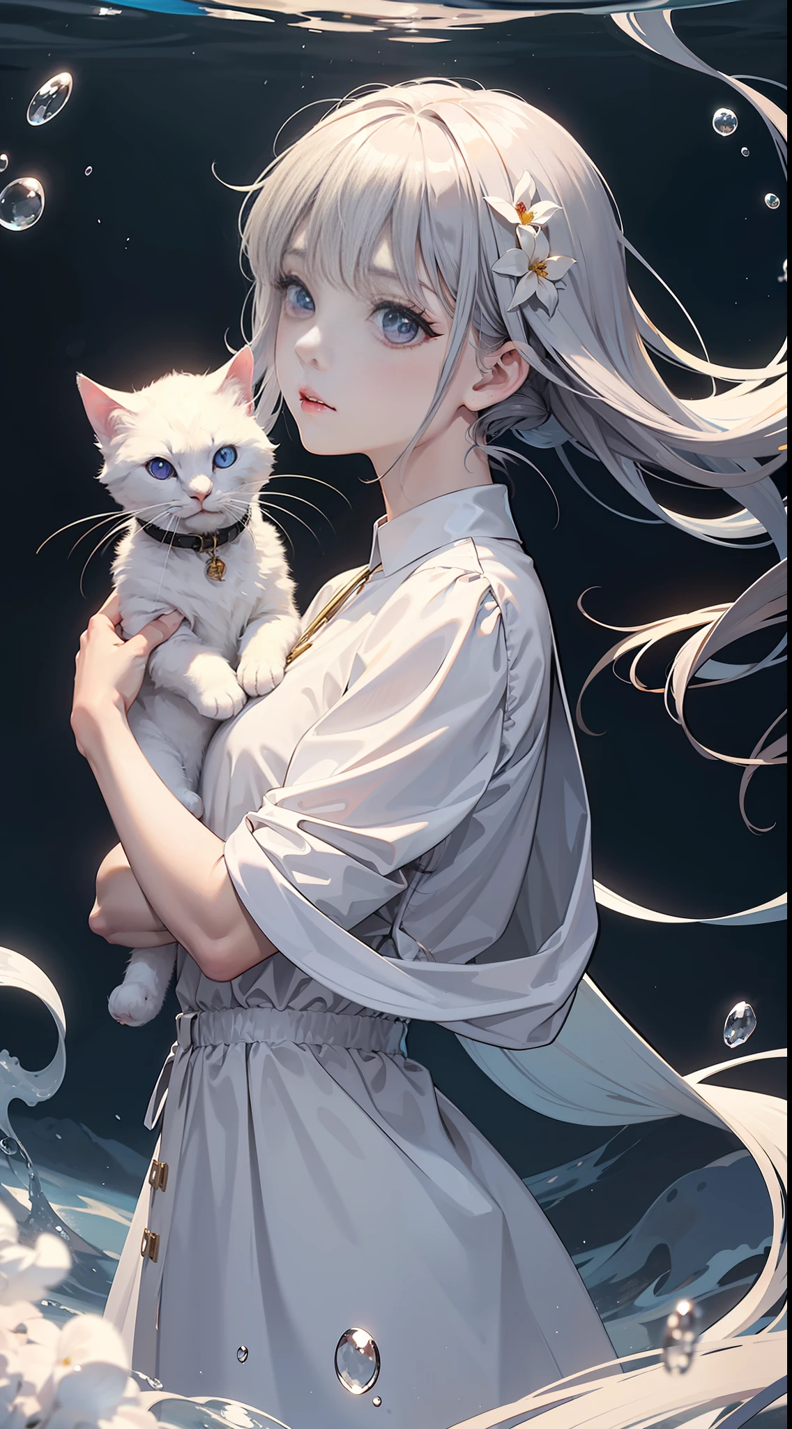 A representative photo of a Russian girl, ethereal beauty, dreamy, (delicate face: 1.2), gray hair, purple eyes, (crossed bangs: 1.1), (blooming eyes: 1.2). Deep sea, floating foam, melancholy expression, drooping eyelids, right light, holding a small white cat in his arms, full body photo