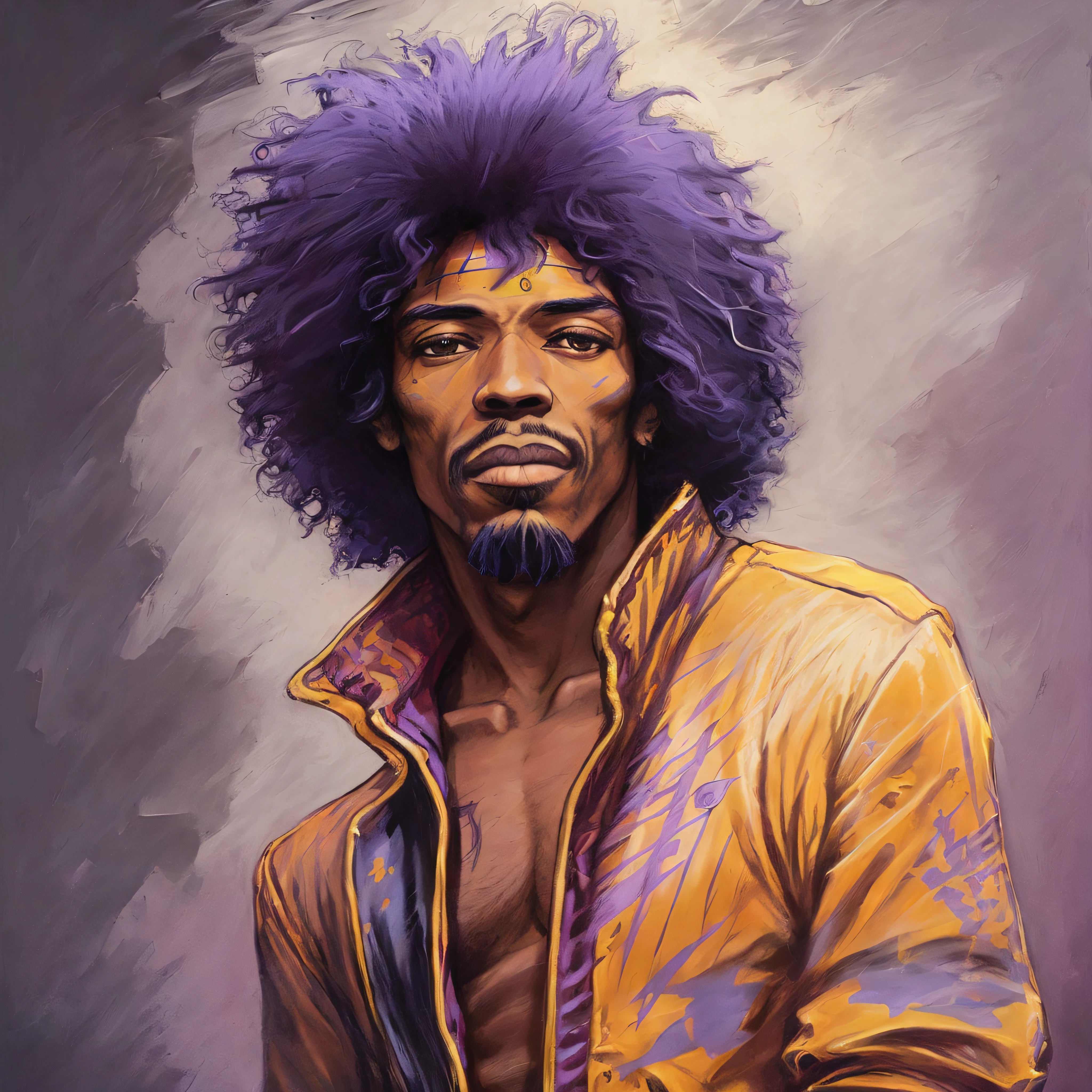 painting of a man with a purple hair and a yellow jacket, jimi hendrix, jimi hendrix style poster, jimi hendrix full body, art of alessandro pautasso, jimi hendrix full body shot, by Dave Arredondo, epic portrait illustration, masterpiece work of art, style digital painting, fan art, inside jimmy hendrix, stunning digital illustration, purple haze --auto