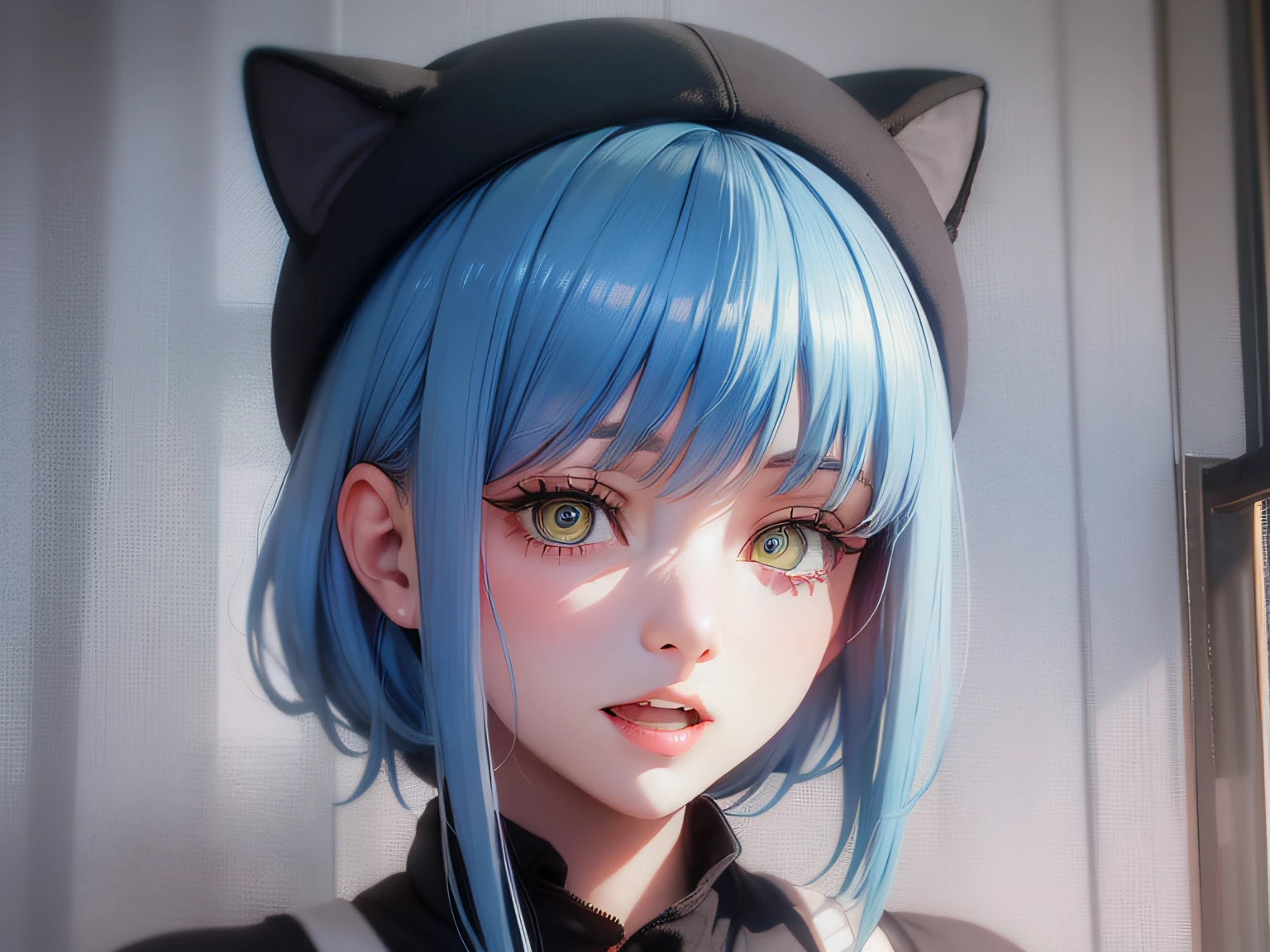 An anime girl with sky blue hair and Tiff's blue-green eyes with a surprised look on her face and a black cat hat, (1girl:0.992), (:d:0.583), (bangs:0.701), (blush:0.584), (Tiff blue-green eyes: 0.992), (looking at the audience: 0.711), (open mouth: 0.760), (sky blue hair: 0.917), (ribbon: 0.826), (short hair: 0.571), (smile: 0.855), (solo: 0.949), (teeth: 0.770), (upper body: 0.760)