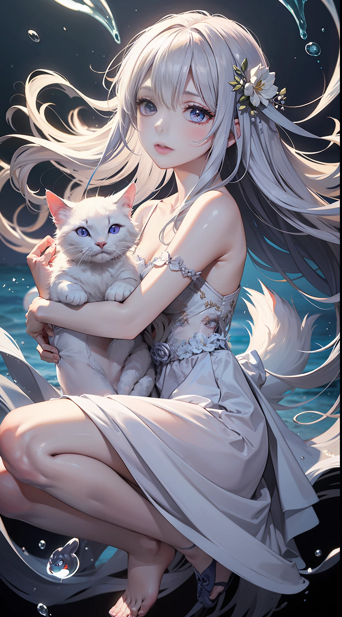 A representative photo of a Russian girl, ethereal beauty, dreamy, (delicate face: 1.2), gray hair, purple eyes, (crossed bangs: 1.1), (blooming eyes: 1.2). Deep sea, floating foam, melancholy expression, drooping eyelids, right light, holding a small white cat in his arms, full body photo