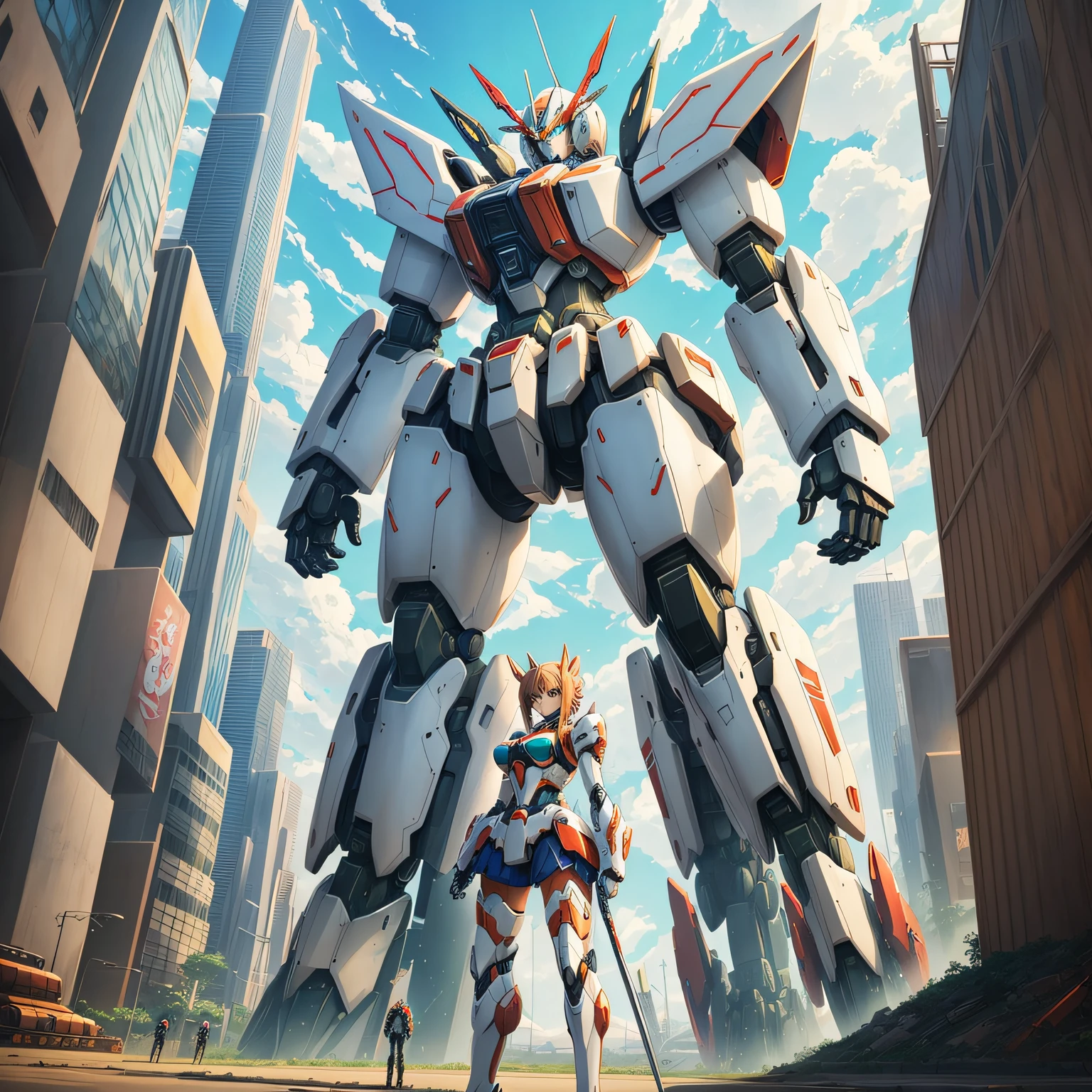 Mecha warrior beautiful girl, sunshine, sci-fi futuristic city background, wearing heavy armor, carrying a machine gun, head exposed and unarmed, left hand shield, right hand holding sword, standing on a broken road, the side of the road is overgrown with weeds --auto