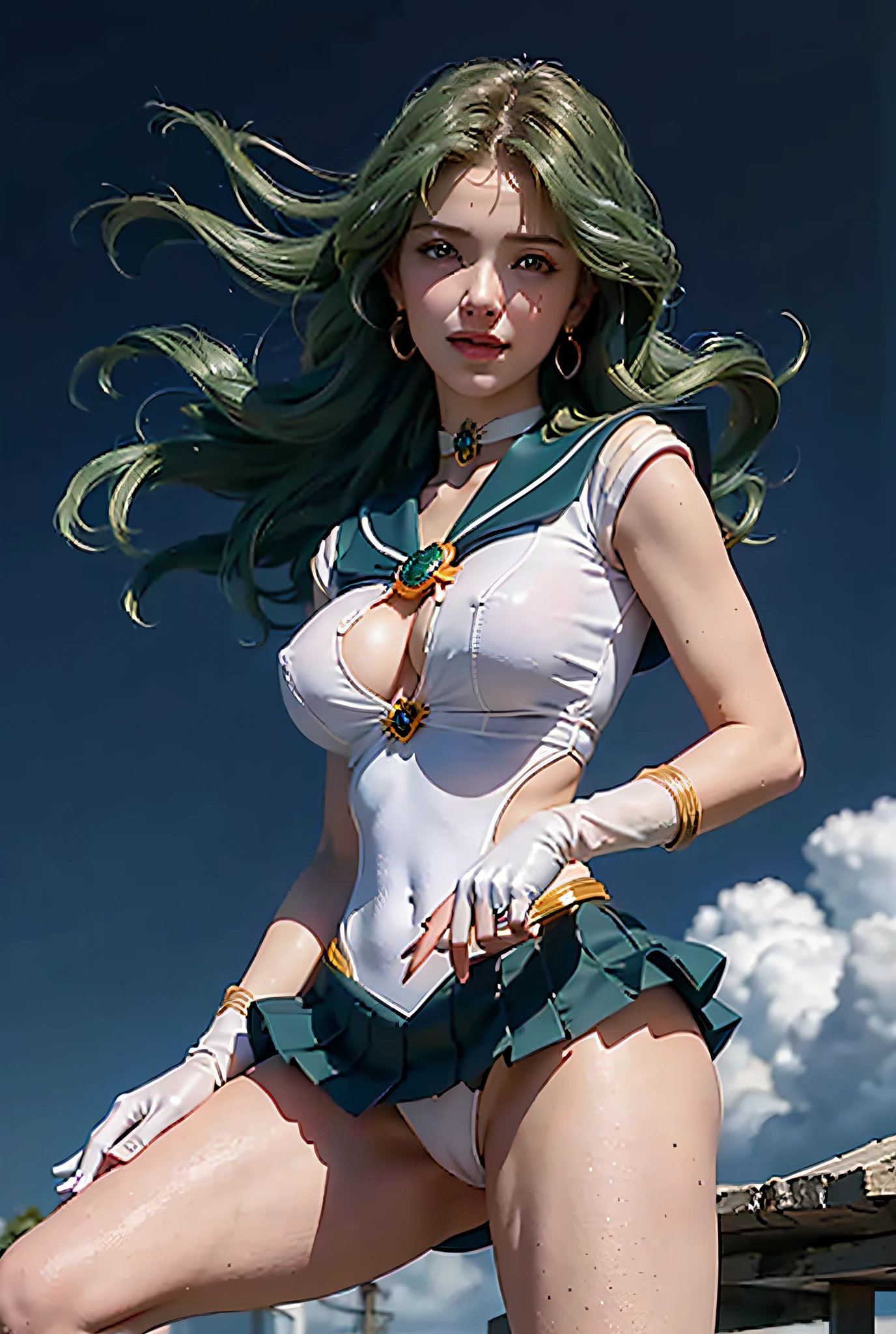 close-up, 1girl, sailor neptune, (sailor senshi uniform:1.2), (aqua eyes:0.9), dark green hair, medium hair, happy smile,ultra miniskirt, best quality, earrings, masterpiece, high resolution, intricate details, (( realistic )), photographic, (white elbow gloves:1.1), jewelry, large breast, full body, Dynamic background, dynamic posture, high heels,nsfw, perfect breasts,(clear erected nipple silhouette: 1.8),(cameltoe:1.2),dynamic pose,spread legs,(pubic hair ultra detailed clear silhouette: 1.8),(pubic hair focus:1.2),navel