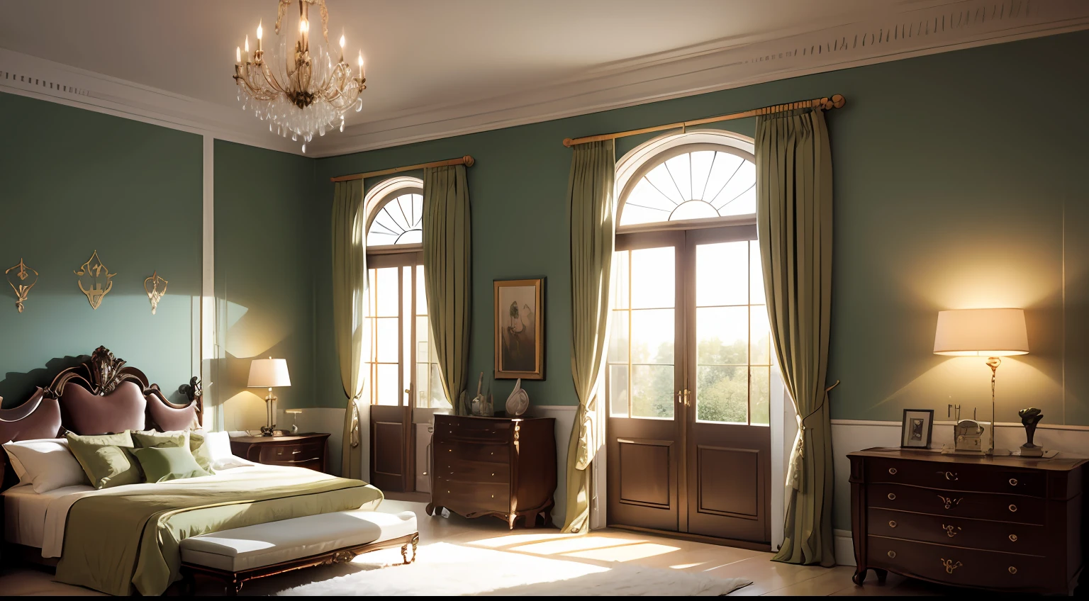 Palace style European villa bedroom, red, green, gold, large, large space, dresser, European line, high ceiling, modern European, furniture red --auto
