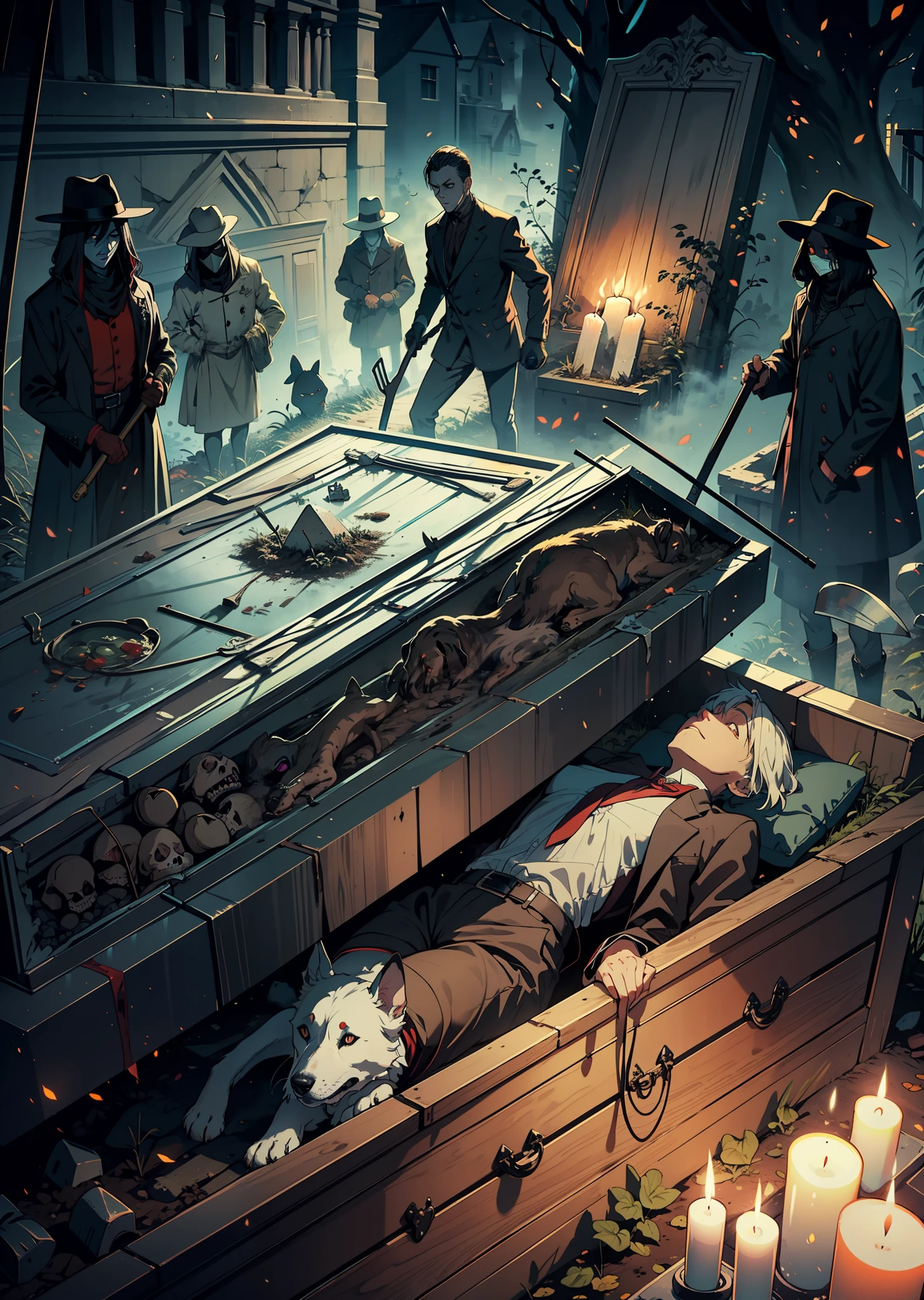 In the coffin, lies the head of a dog, the head of a man, next to grave robbers, sapper shovels, shovels, eerie horror, night, fog.