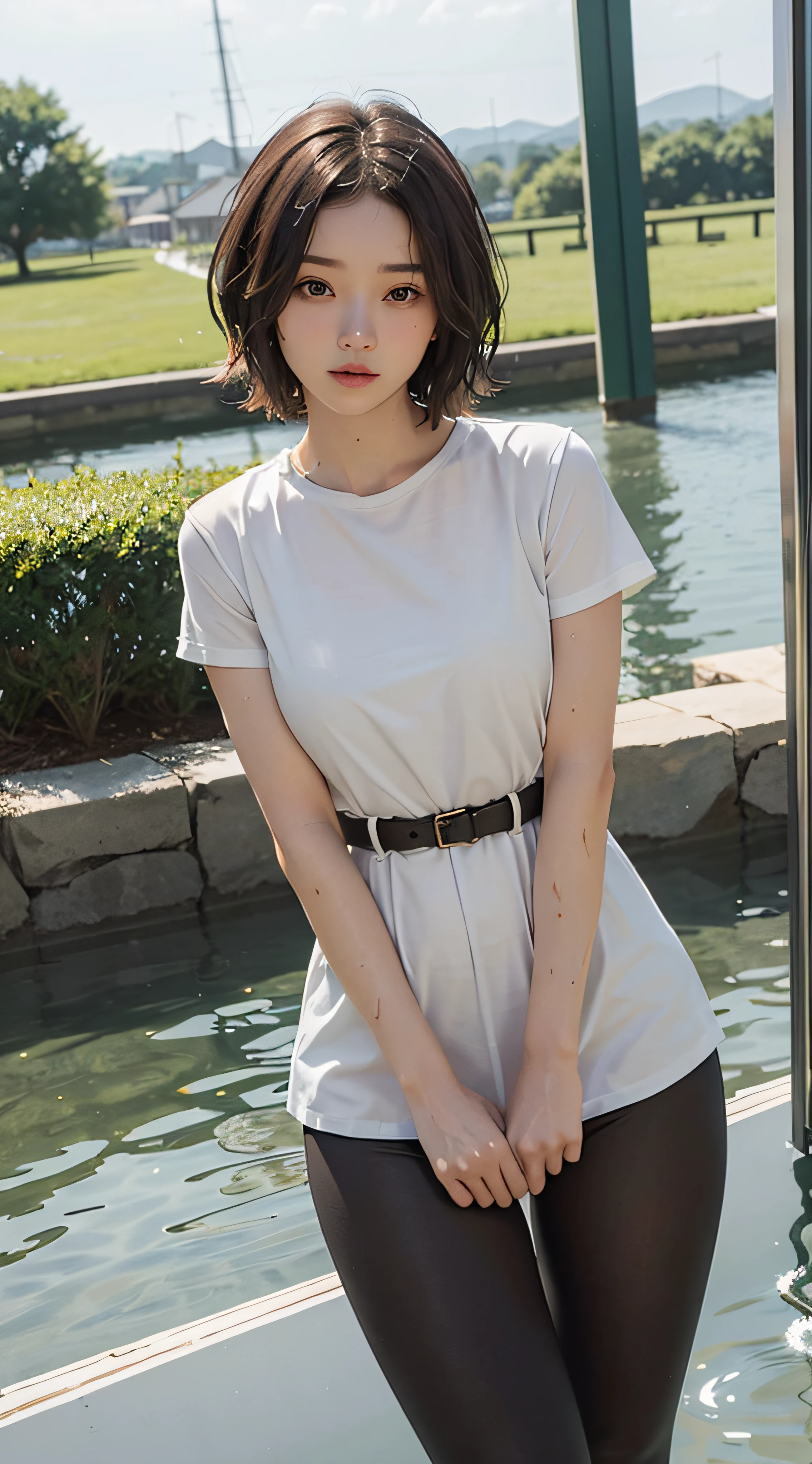 (Best Quality, Masterpiece: 1.1), (Fidelity: 1.4), 1 Girl, Orchan, Constricted Waist, Looking at Camera, (Very Short Hair),(Parker),Leggings, (Wet Hair),(Brown Hair),(Open Legs)