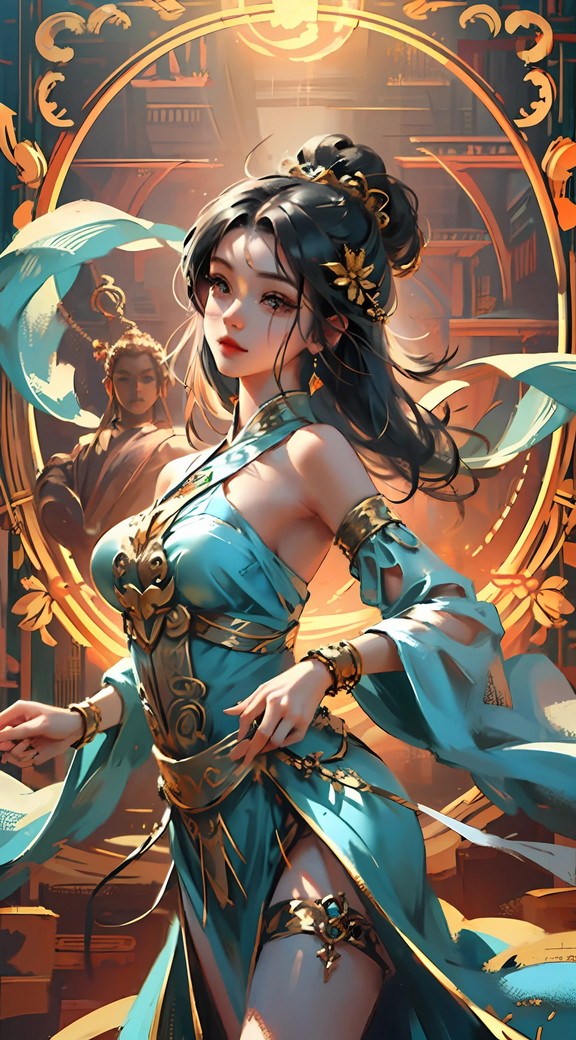 A masterpiece of a Buddhist Guanyin Bodhisattva, white super long hair, flowing long hair, exquisite jewelry, delicate bracelets, exquisite hair accessories, high on the feeling, aperture on the back, bodhisattva, fairy qi fluttering, holding various magic weapons in his hands, golden bracelets on ankles, ancient Chinese costumes, robes, gorgeous silk, flowing tulle, dazzling background, golden aperture on the back, gold Falun on the back, best light, backlit shooting, movie filter, (hands together), (thousand hands Guanyin statue), ultra HD, 8k, fair skin, Wolp_style, duhuang_style, close-up of upper body, detailed face, professional classical dance moves, person floating in the air, (sideways: 1.4), 28 years old, 1girl, fitness marks, slim body, a little muscle, vest line, lean back curved body, digital illustration art, superlative art painting