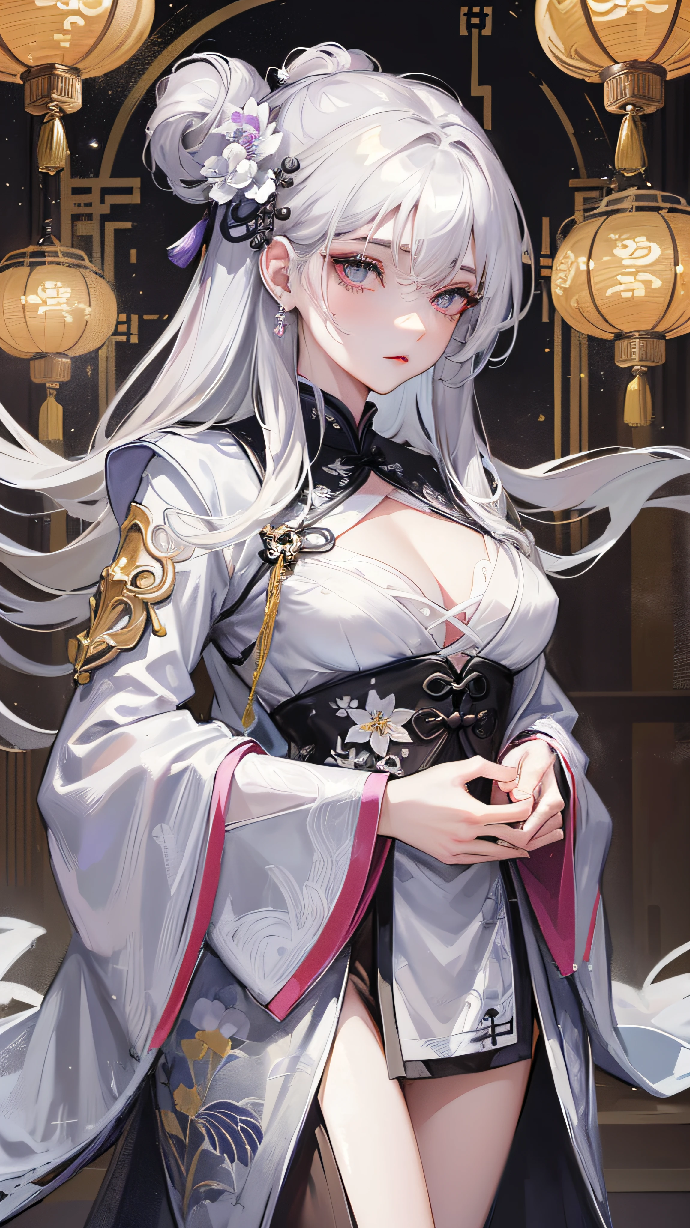 Chinese style, ancient China, sister, royal sister, cold face, expressionless, silver-white long-haired woman, light pink lips, calm, intellectual