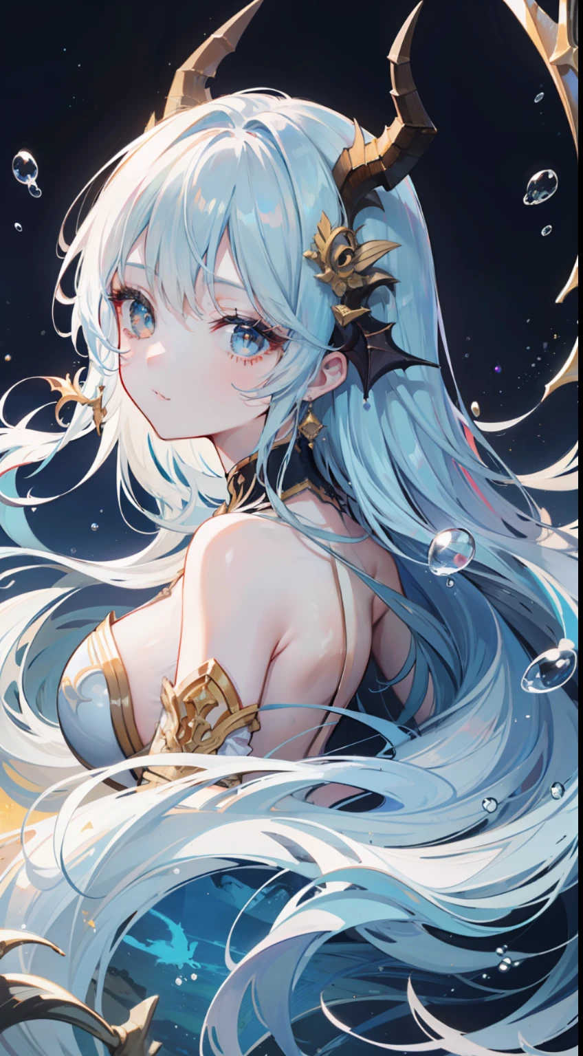 A beautiful portrait of the highest quality, masterpiece, exquisite CG, light blue long-haired girl, in the sea, delicate and intricate hair accessories, dragon horns, upper body and lower body dragon tail, golden eyes and long eyelashes, floating hair, highlights, bubbles, panorama, wide-angle lens, absolutely beautiful, charming, perfect, ultra-clear, HD