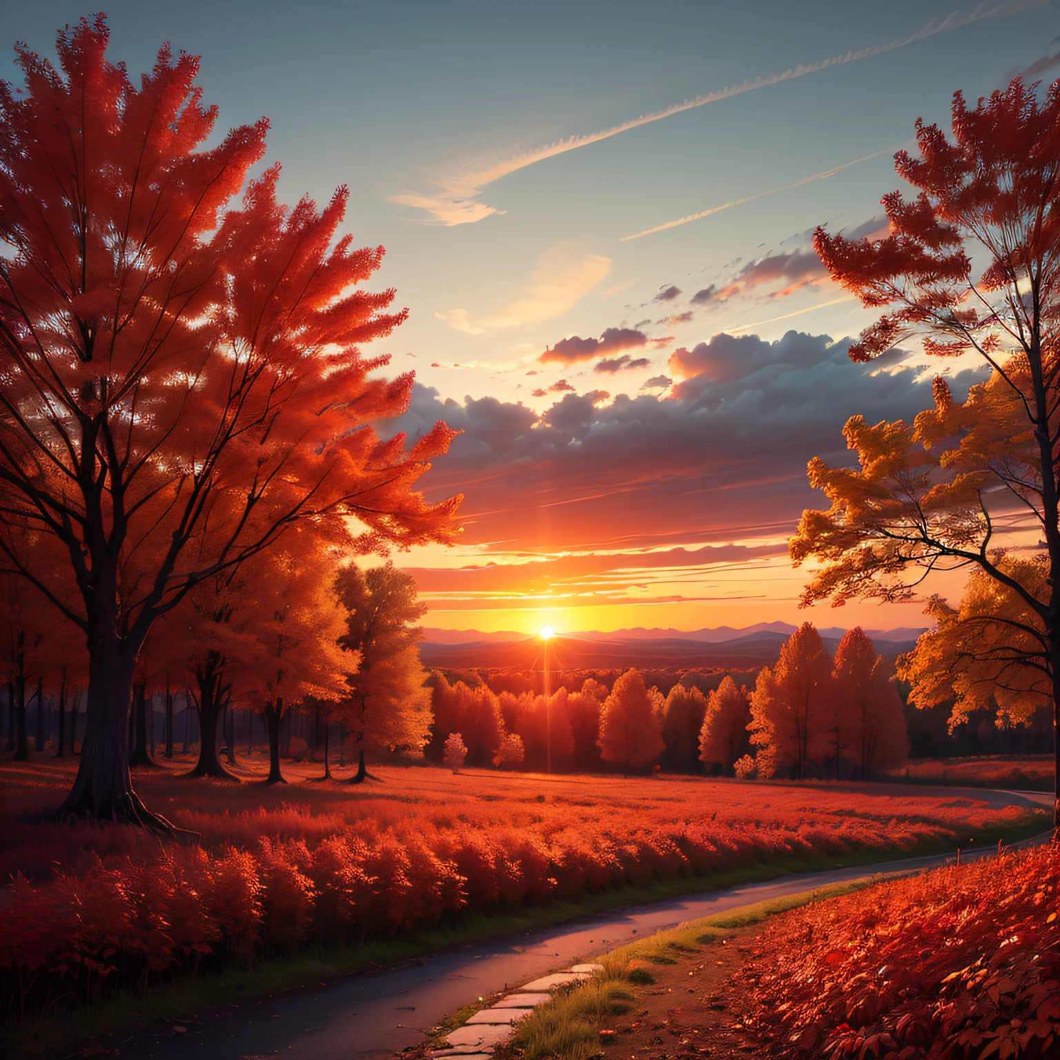 One evening, one side of the sky is dyed red by the setting sun, and the sunset is about to set, and there is also an autumn maple forest --auto