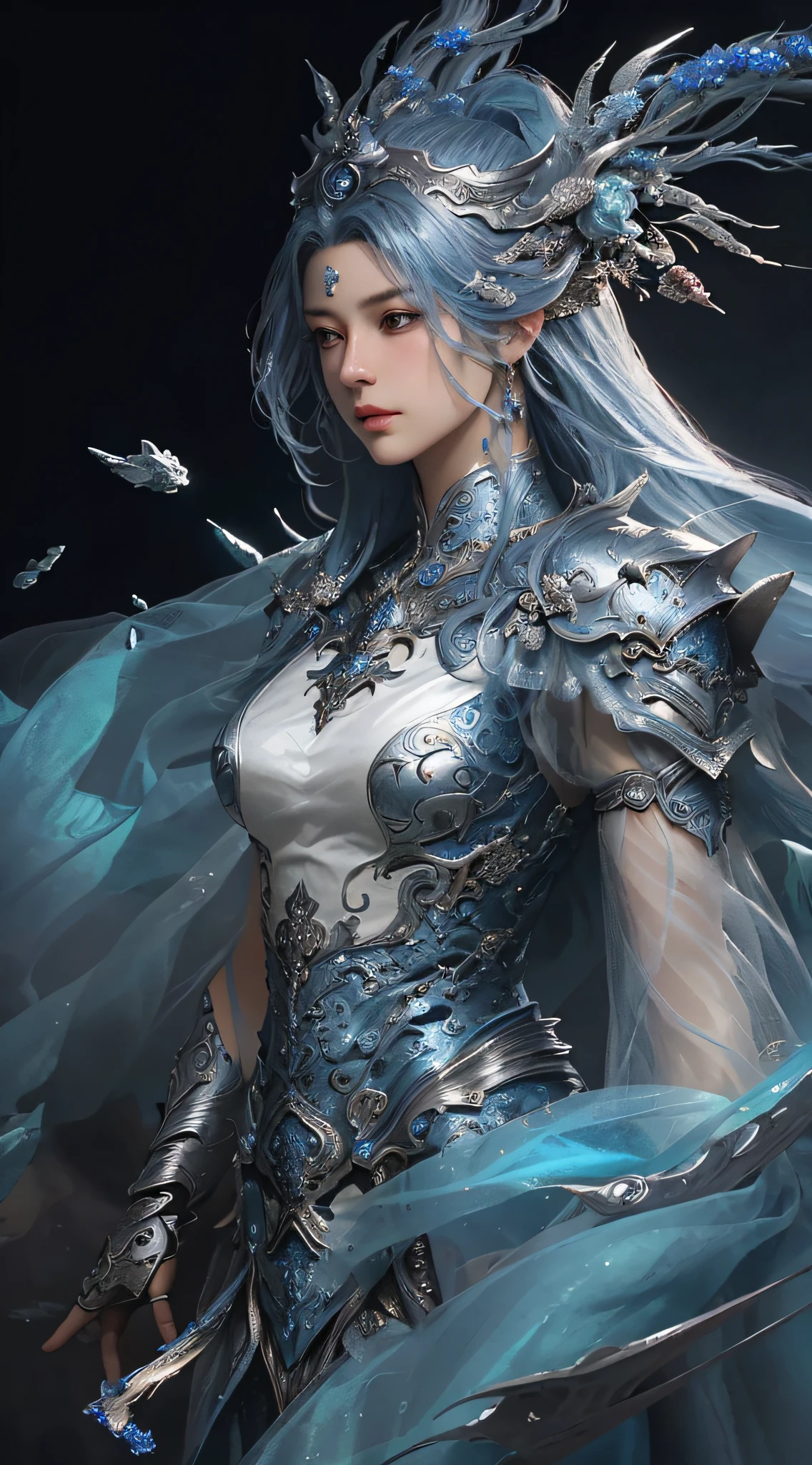 a close up of a woman in a silver and blue dress, chengwei pan on artstation, by Yang J, detailed fantasy art, stunning character art, fanart best artstation, epic exquisite character art, beautiful armor, extremely detailed artgerm, detailed digital anime art, artgerm on artstation pixiv, armor girl