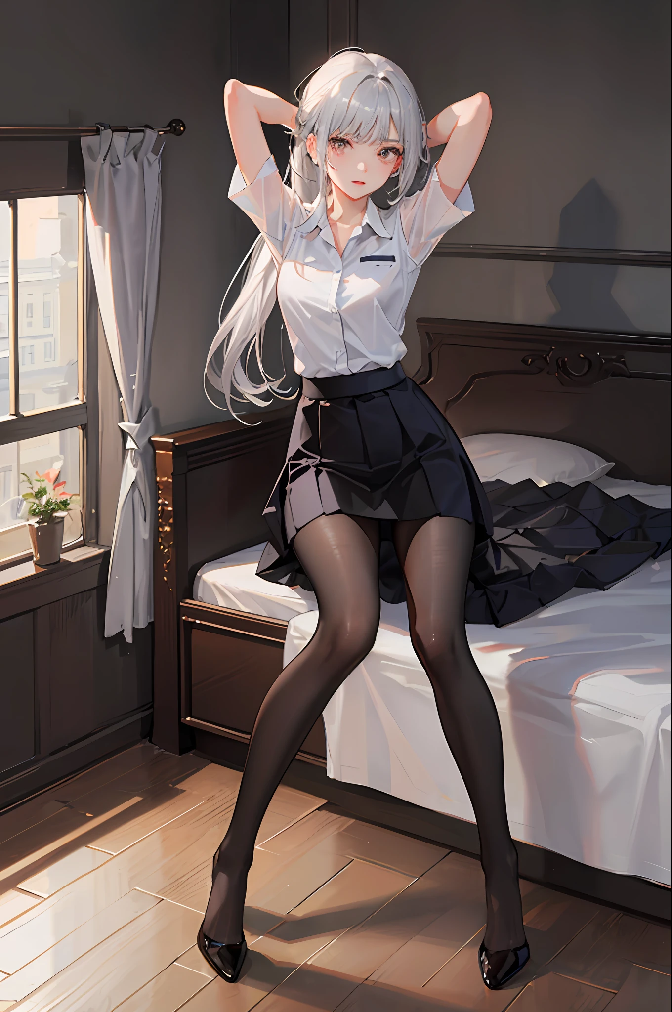 (((1 girl)),ray tracing,(dim lighting),[detailed background (bedroom)),((silver hair)),((silver hair)),(Fluffy silver hair, plump and slender girl))) with high ponytail))) Avoid golden eyes in the ominous bedroom ((((Girl wears a white shirt, black wrinkled skirt with black transparent pantyhose), showing a delicate slim figure and graceful curves, correct limbs, sitting on the bed with hands behind her head, Put both hands behind your head