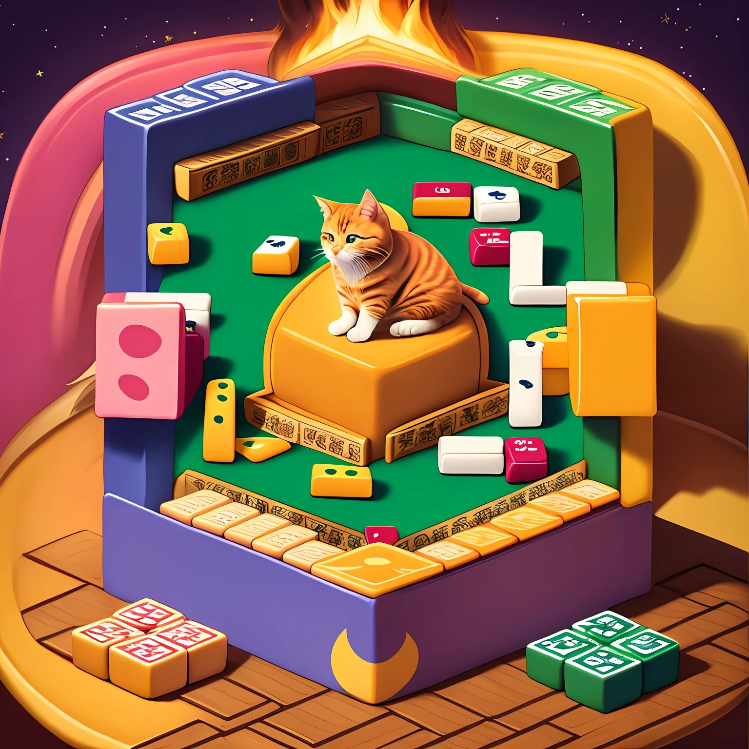 Design a logo for booking offline mahjong system, with cat as the theme, cartoon image, lively and interesting. Design elements include mahjong. The colors are bright and bright --auto