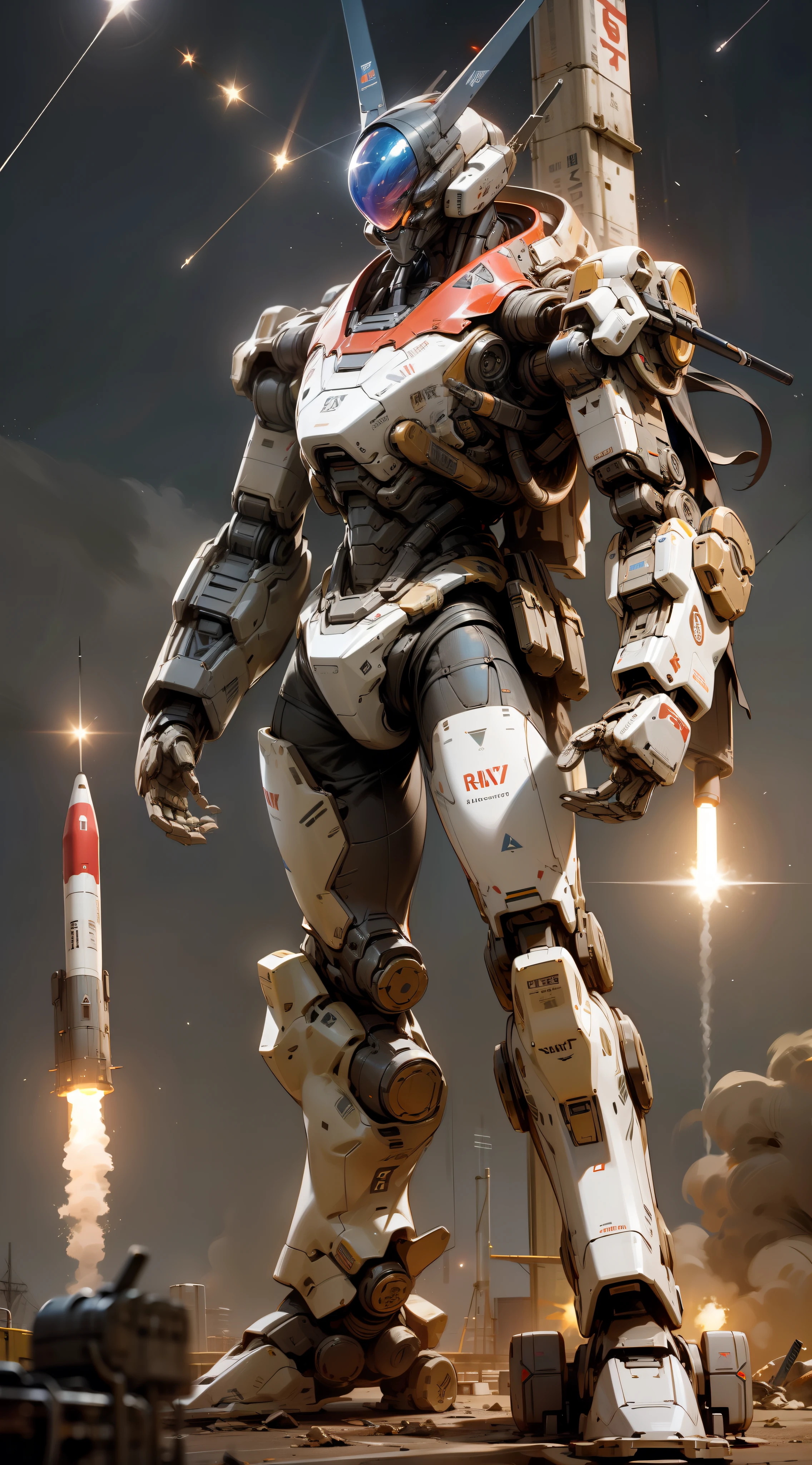 ((Robot, War-torious)), Wasteland Style, Full Body, (Night), Stars in the Sky, Missile Launch, Helicopter Lighting, Realism, Cinematic Lighting, Light Refraction,