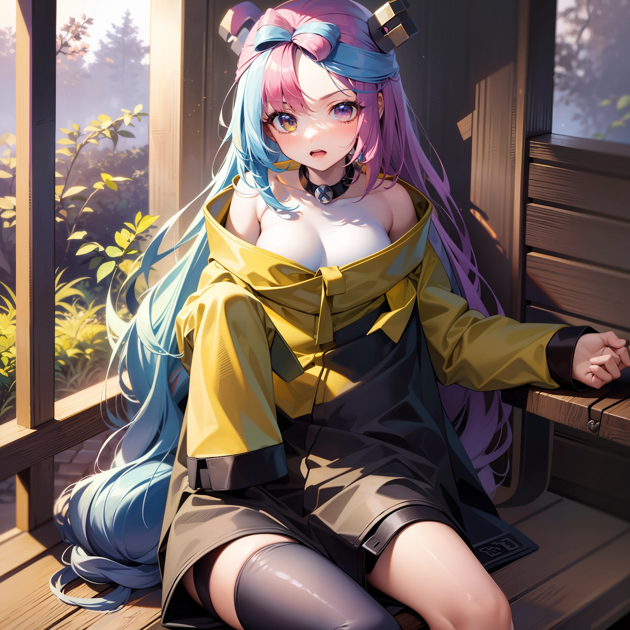masterpiece, best quality, highres, iono1, 1girl, long hair, medium breasts, yellow jacket, off shoulder, hair ornament, bench, sitting,
