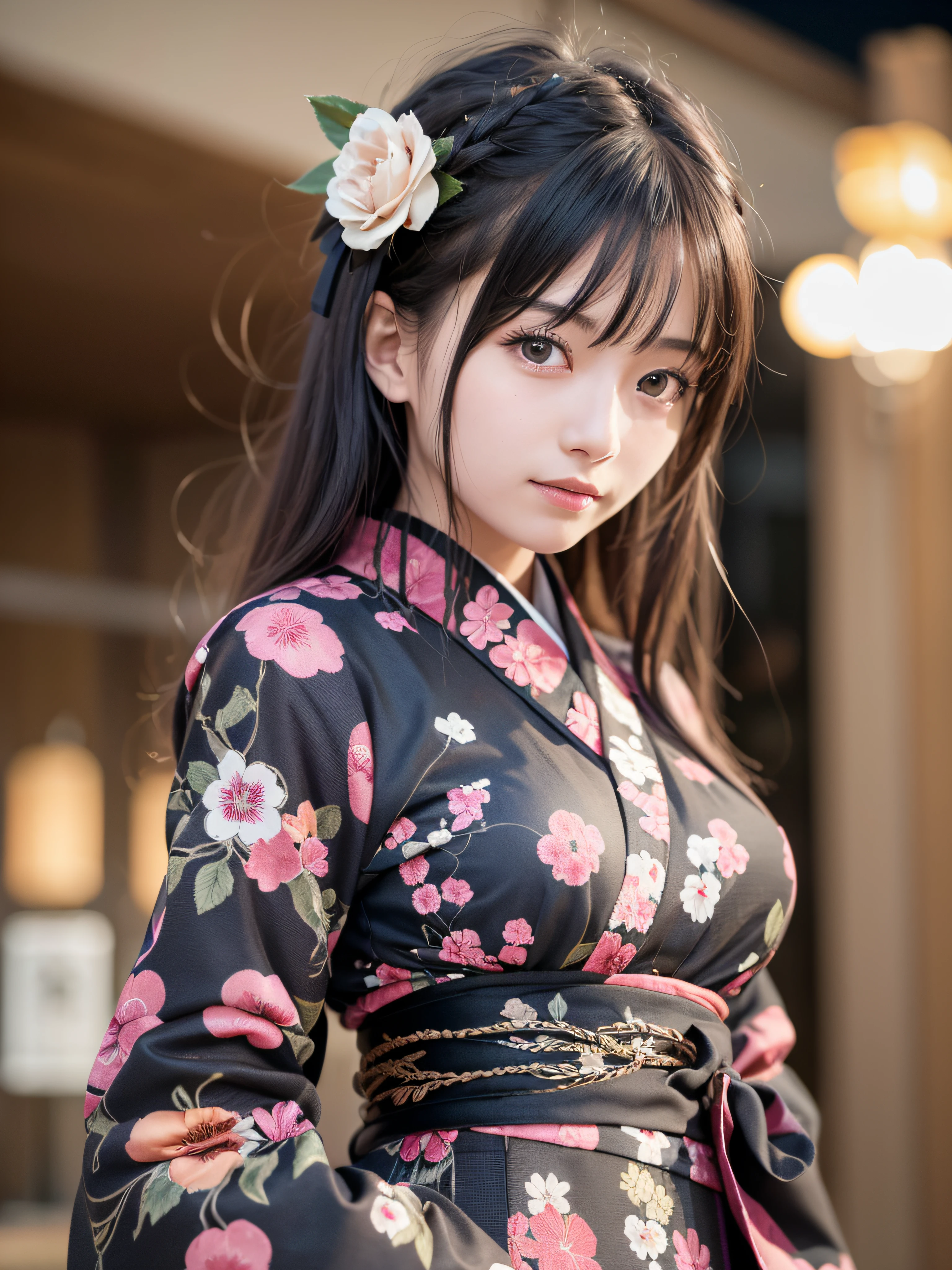 (realistic, photo-realistic:1.37), incredibly absurdres, (insanely detailed:1.3), 8k, (masterpiece), (best quality:1.4), (ultra high res:1.2), (RAW photo:1.2), ultra detailed background, (unity 8k wallpaper), 1 nogizaka girl, utterly cute, bishojo, yo, (gothic lolita fashion yukata and kimono), an exquisitely detailed and beautiful face and eyes and skin, detailed black shine hair, medium breasts, elegant frills, a yukata and kimono, with delicate lace, soft fabric, smile at the camera, cowboy shot, the nighttime scenery of kyoto, professional lighting