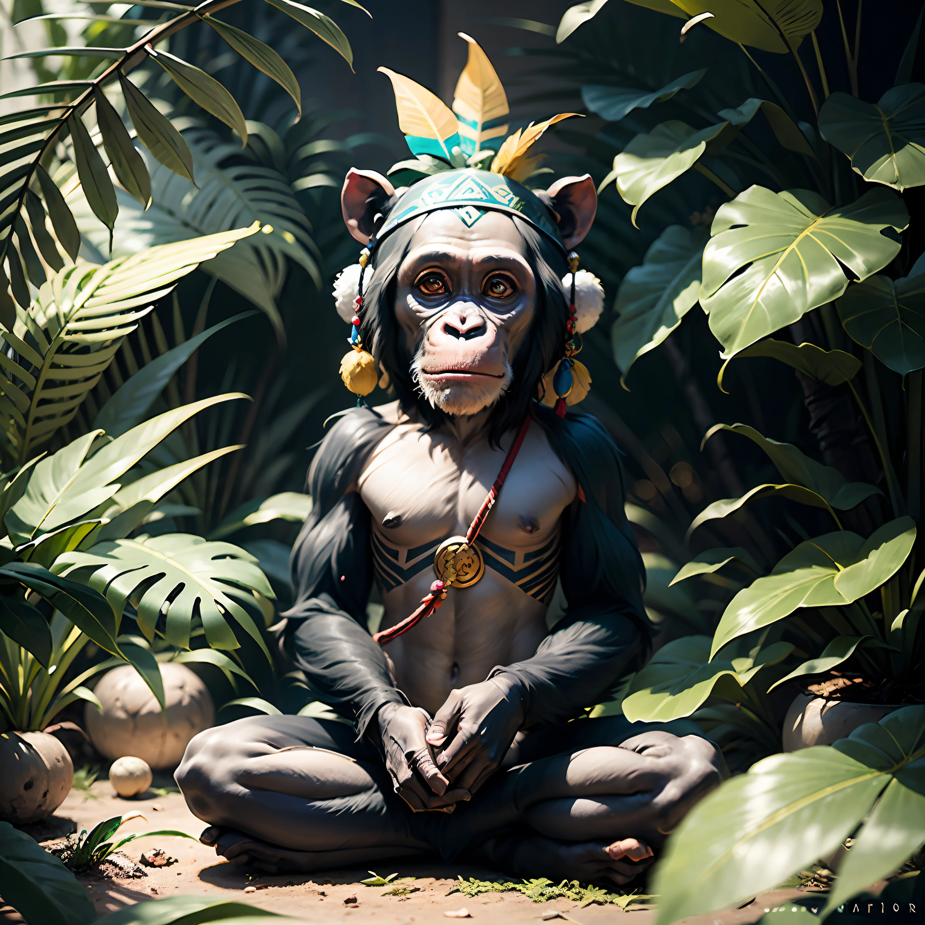 Chimpanzee with indigenous headdress on head, ((meditating)) colorful feathers, facing the camera, detail: sitting in the middle of dense tropical foliage, highly detailed intricate, ((masterpiece)), ultra hyperrealistic, masterpiece