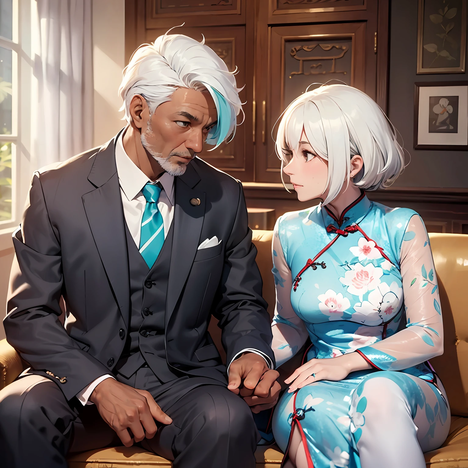 A man (middle-aged, white hair, wrinkled, dark skin, wearing a suit) and a woman (middle-aged, white hair, wrinkled, wearing a cyan cheongsam), looking at each other, sitting on sofa, living room background