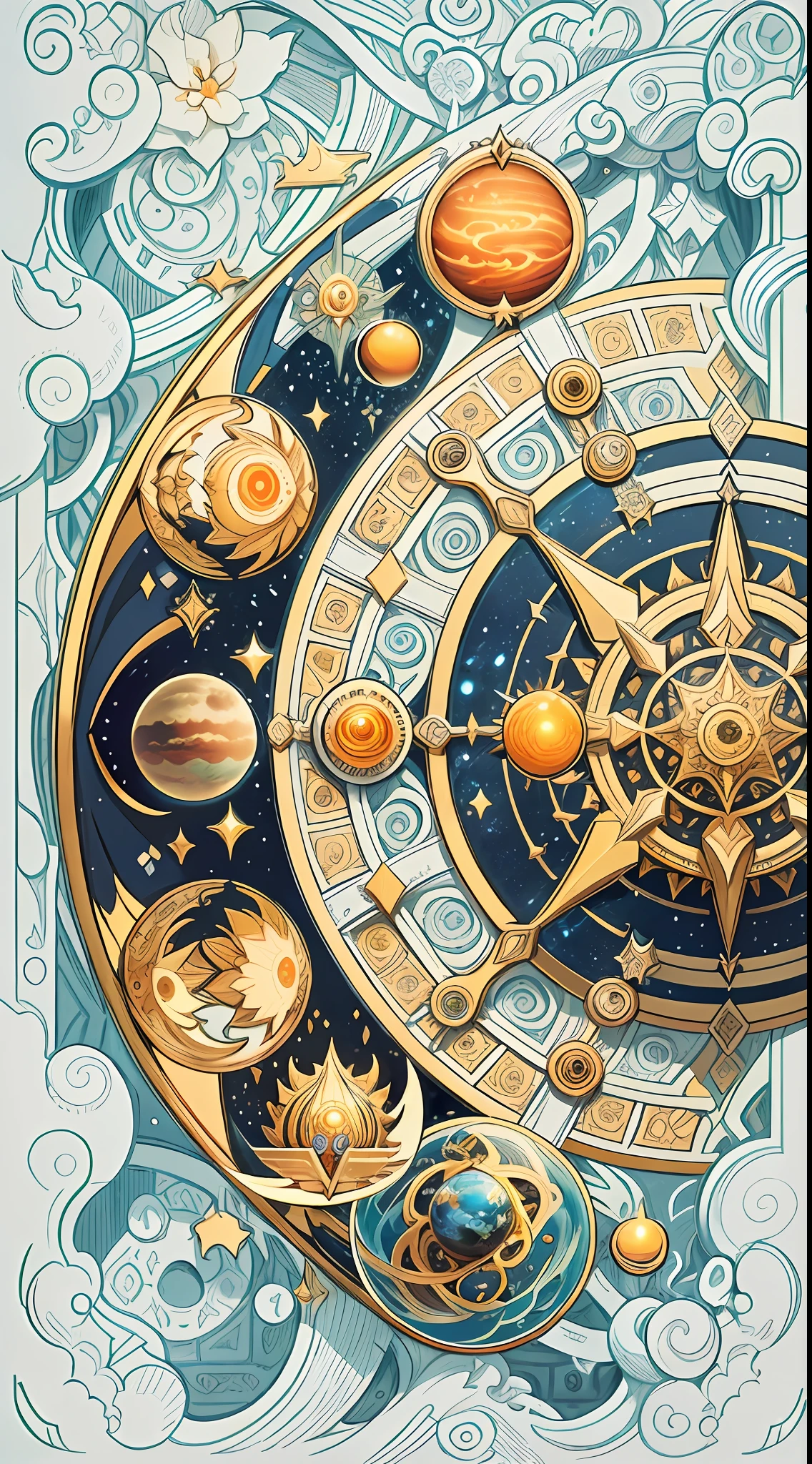 official art, 8k unit wallpaper, ultra detailed, beautiful and aesthetic, high quality, beautiful, masterpiece, best quality (zentangle, mandala, tangled, tangled: 0.6), symmetrical, symmetrical, mandala with the symbol of the 12 signs of the zodiac (zodiac symbol:1.0), symbolization of the planets and orbits, Sun in the center. symmetric, fibonacci, golden ratio. Supplemental color: white, blue, orange, silver, gold, genshin impact iconographic