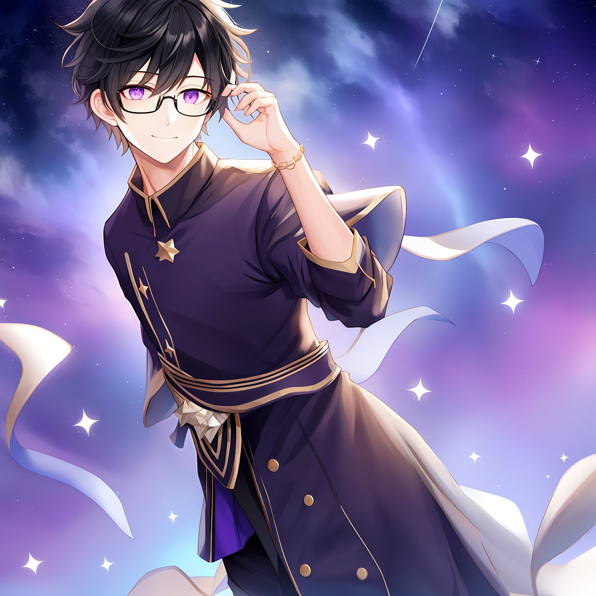 masterpiece, high quality,1 boy, glasses, short hair, black hair, light smile, purple eyes, black clothes, starry sky background,