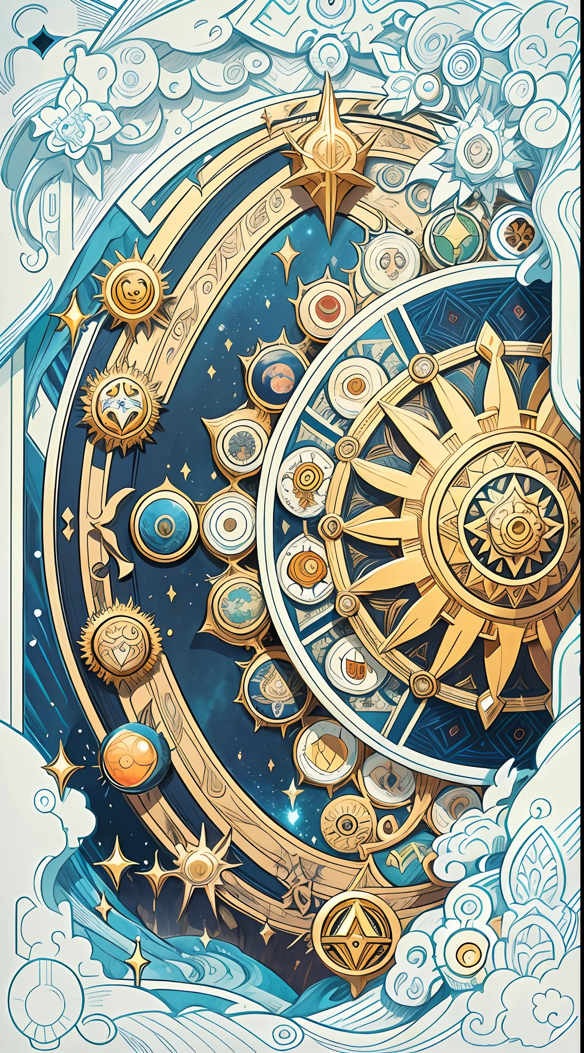 official art, 8k unit wallpaper, ultra detailed, beautiful and aesthetic, high quality, beautiful, masterpiece, best quality (zentangle, mandala, tangled, tangled: 0.6), symmetrical, symmetrical, mandala with the symbol of the 12 signs of the zodiac (zodiac symbol:1.0), symbolization of the planets and orbits, Sun in the center. symmetric, fibonacci, golden ratio. Supplemental color: white, blue, orange, silver, gold, genshin impact iconographic