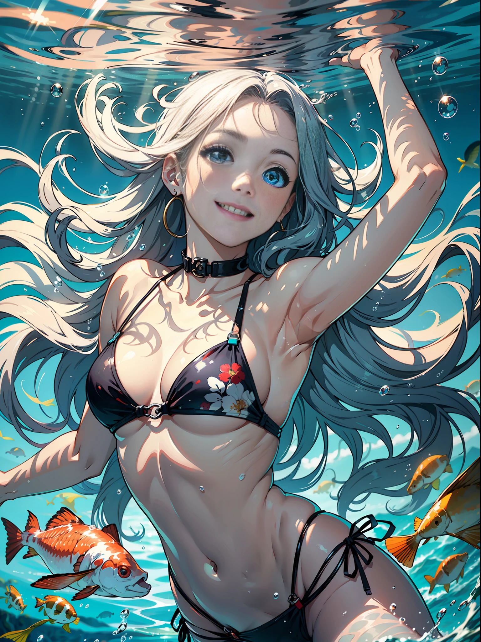 girl, underwater, bikini, long hair, floating hair, bubbles, smiling, relaxed expression, clear water, sun rays