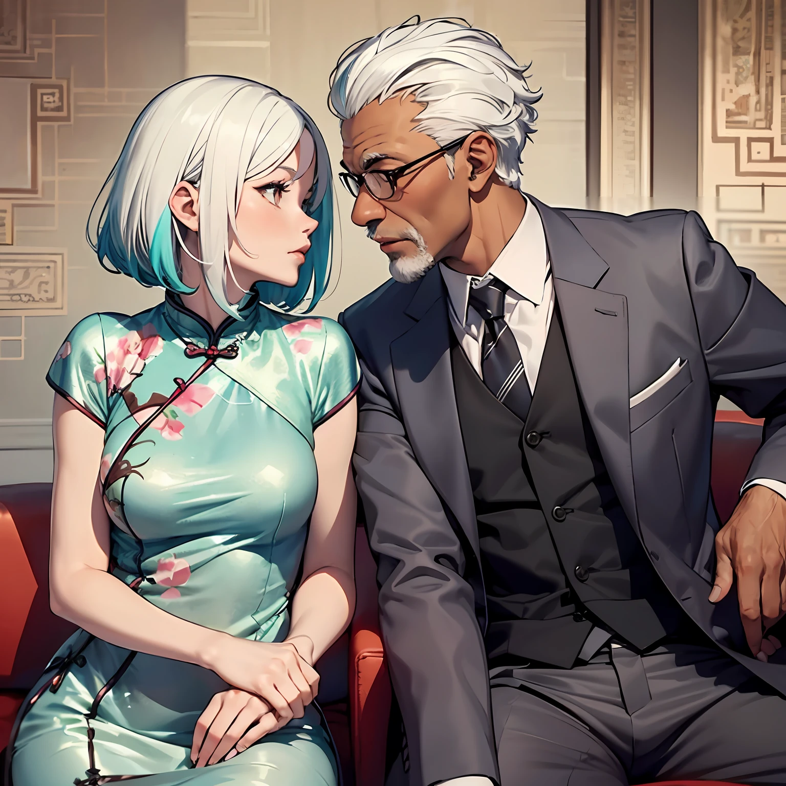 A man (middle-aged, white hair, wrinkled, dark skin, wearing a suit) and a woman (middle-aged, white hair, wrinkled, wearing a cyan cheongsam), looking at each other, sitting on sofa, living room background