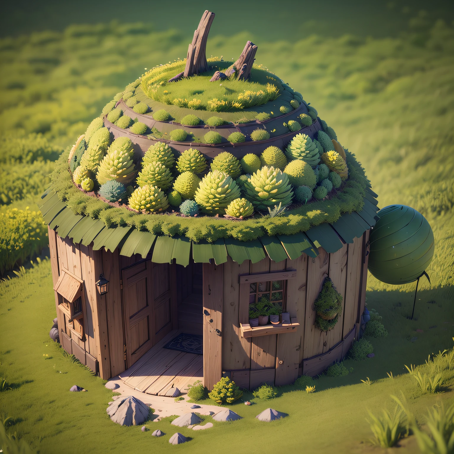 (isometric 3D),(masterpiece), (extremely detailed CG unity 8k wallpaper), (best quality), (best illustration), (best shadow),
a cute ,A round turnip hut covered with moss
,octane render,ray tracing,ultra detailed --auto