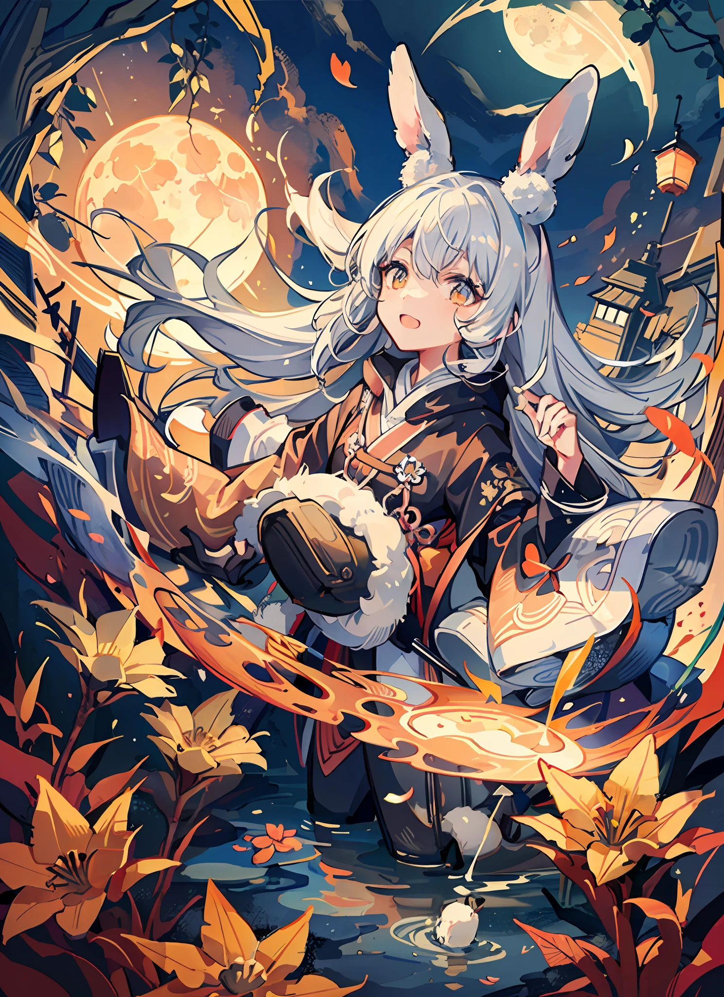 (best quality)), ((masterpiece)), (detailed), there is a rabbit pounding medicine on the moon, moon, full moon, petals, outdoors, from the side, Mid-Autumn Festival, Hanfu, lanterns,