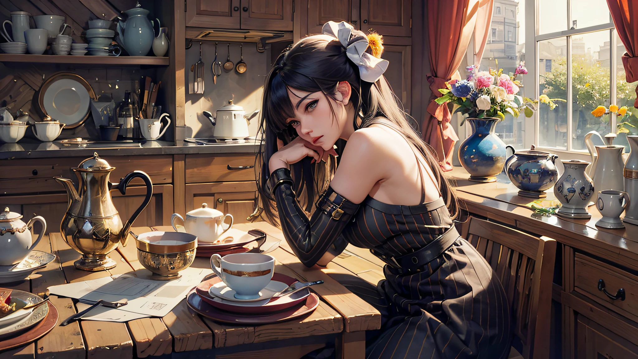 Anime girl sitting at table with a cup of tea, Guvez style artwork, anime style 4 K, anime art wallpaper 4 K, anime art wallpaper 8 K, anime art wallpaper 4K, Pixiv ArtStation on Guwiz, ArtStation Pixiv on Guwiz, detailed digital anime art, 4k anime wallpaper, high resolution, super detailed, realistic textures, bold textures, crazy textures