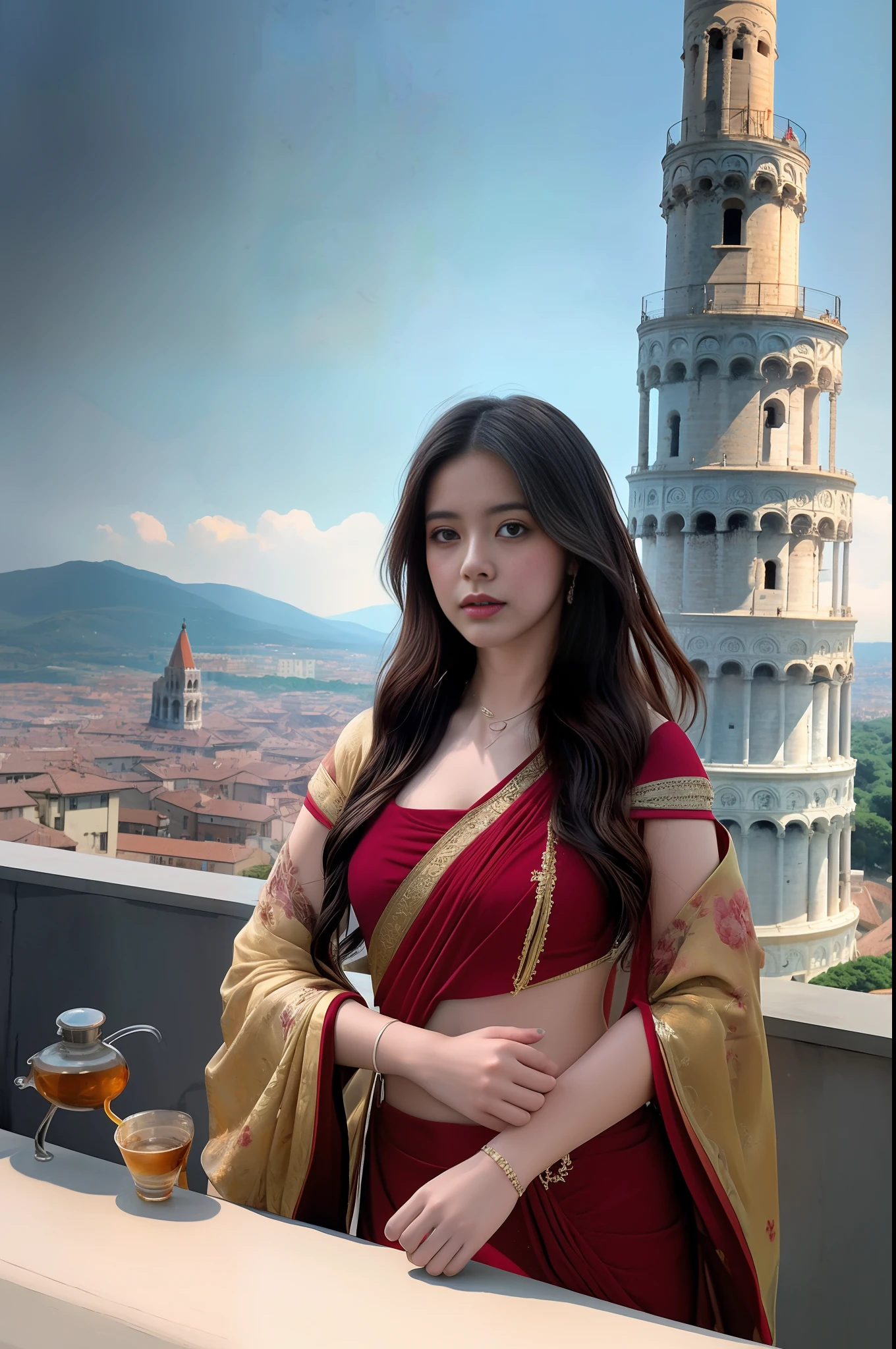 modelshoot style, (extremely detailed CG unity 8k wallpaper),full shot body photo of the most beautiful artwork in the world, stunningly beautiful photo realistic cute women intricately detailed costume, navel,princess eyes,(Leaning Tower Of Pisa background), professional majestic oil painting by Ed Blinkey, Atey Ghailan, Studio Ghibli, by Jeremy Mann, Greg Manchess, Antonio Moro, trending on ArtStation, trending on CGSociety, Intricate, High Detail, Sharp focus, dramatic, photorealistic painting art by midjourney and greg rutkowski