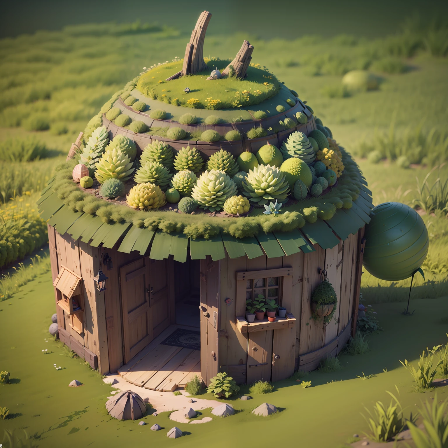 (isometric 3D),(masterpiece),  (extremely detailed CG unity 8k wallpaper), (best quality), (best illustration), (best shadow),
a cute ,A round turnip hut covered with moss
,octane render,ray tracing,ultra detailed --auto