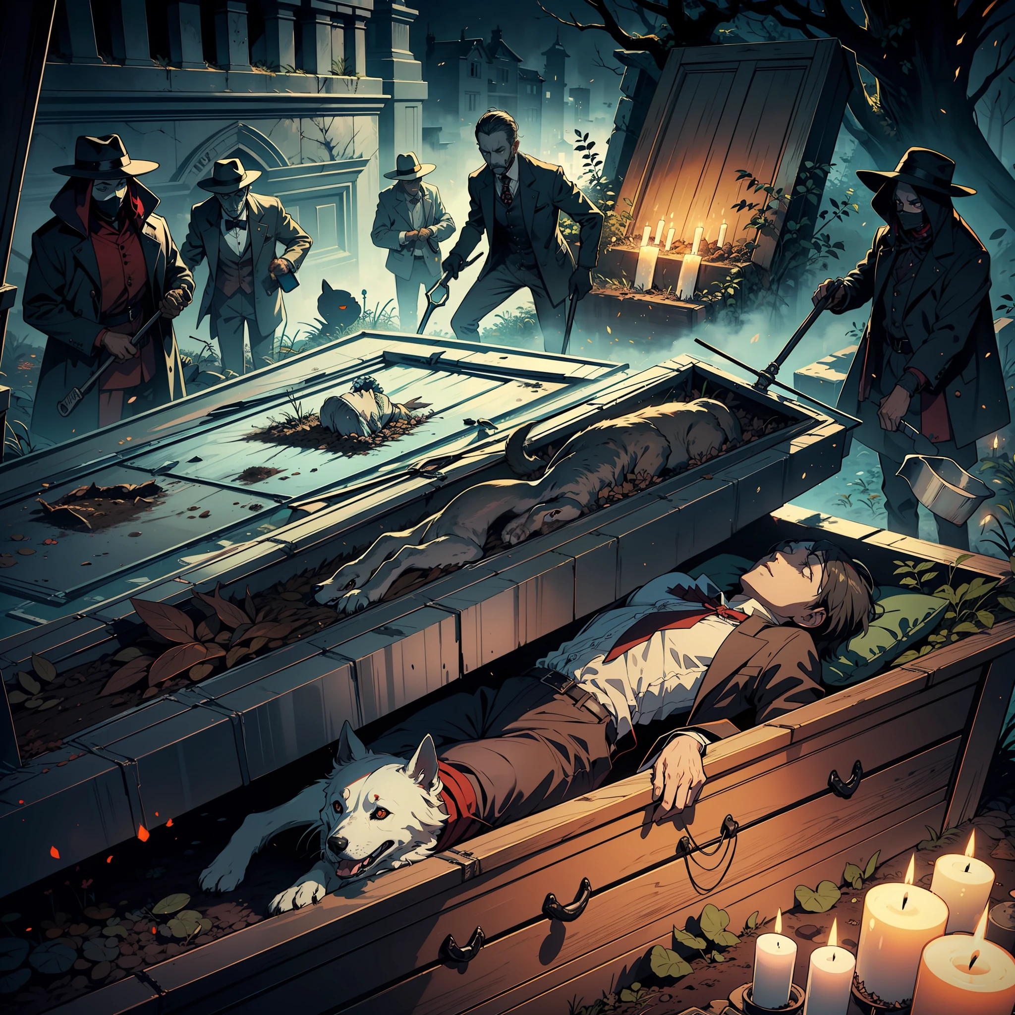 In the coffin, lies the head of a dog, the head of a man, next to grave robbers, sapper shovels, shovels, eerie horror, night, fog.