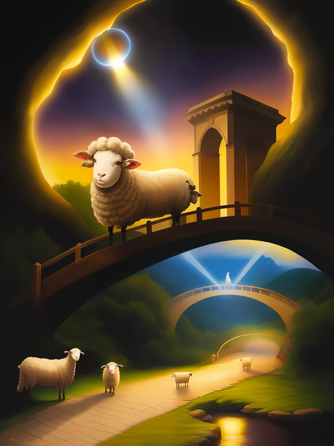A beautiful and fantastic painting depicting a sheep crossing the Bridge of Light